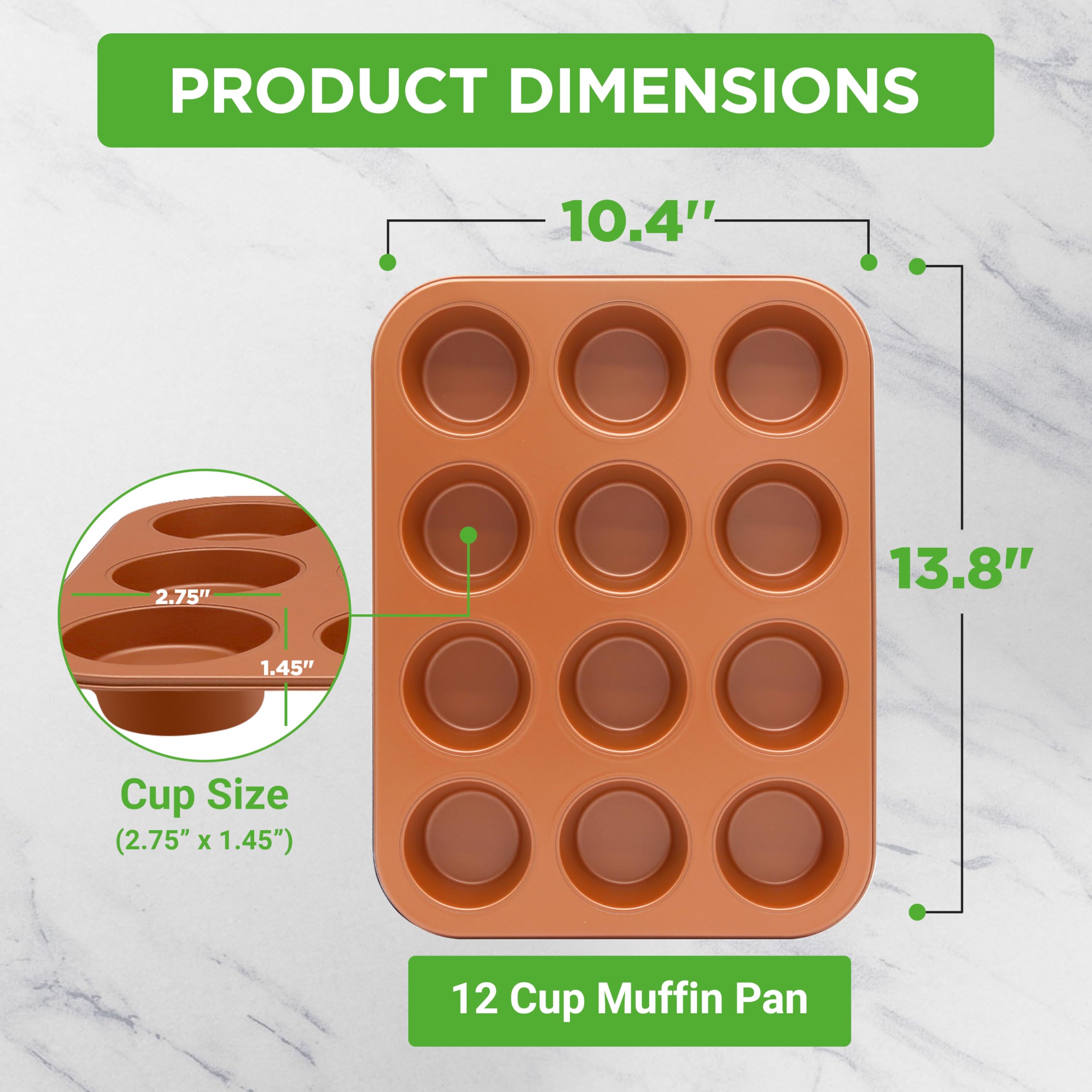 Nutrichef 12-Cup Copper Oven Muffin Pan, Non-Stick Coated Layer Surface, Even Heating Muffin Tray For Muffins, Cupcakes, Pastrie