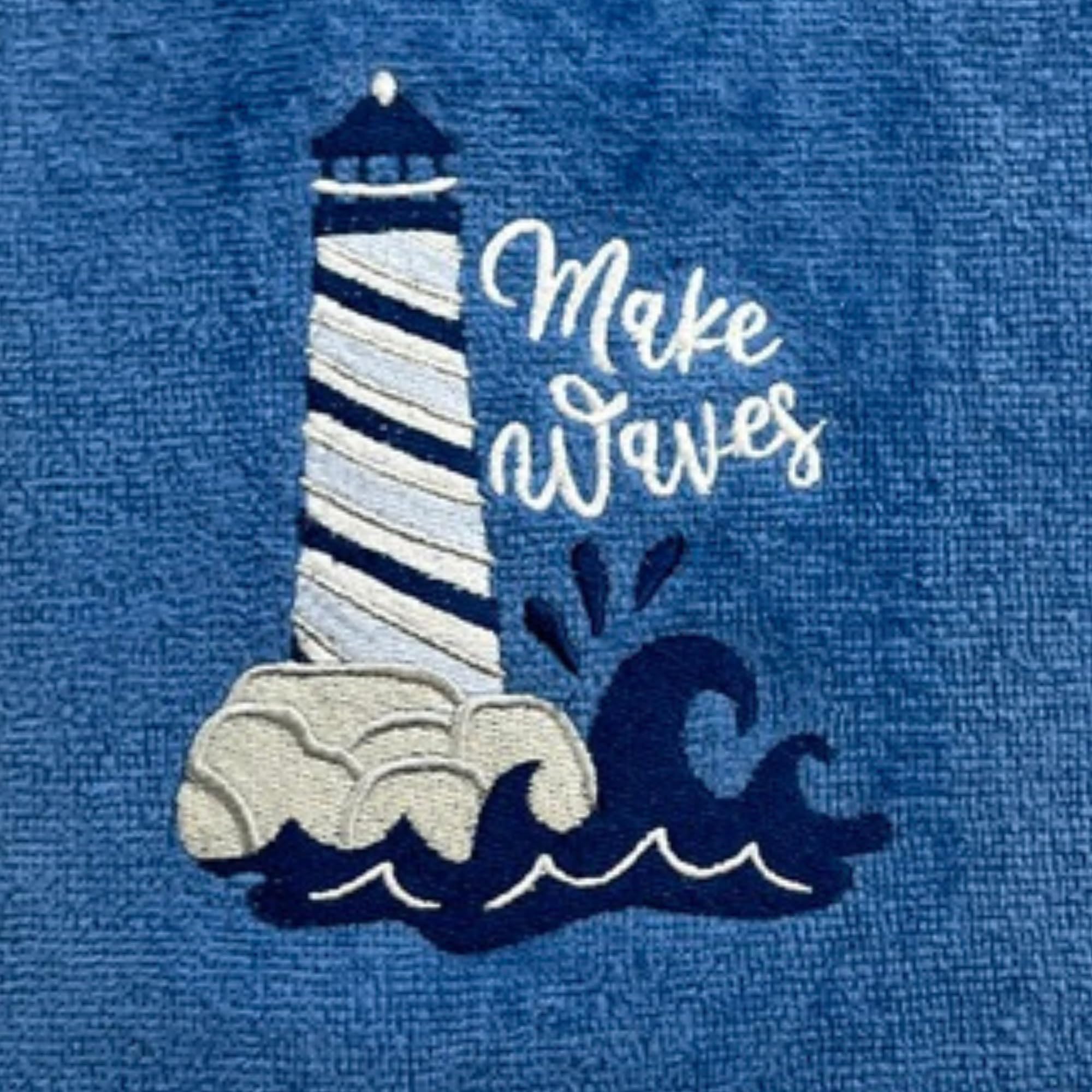 Serafina Home Coastal Lighthouse Bath Hand Towels, Embroidered Make Waves Lighthouse Waves 16 X 25 Inches, 2 Piece Set, Blue