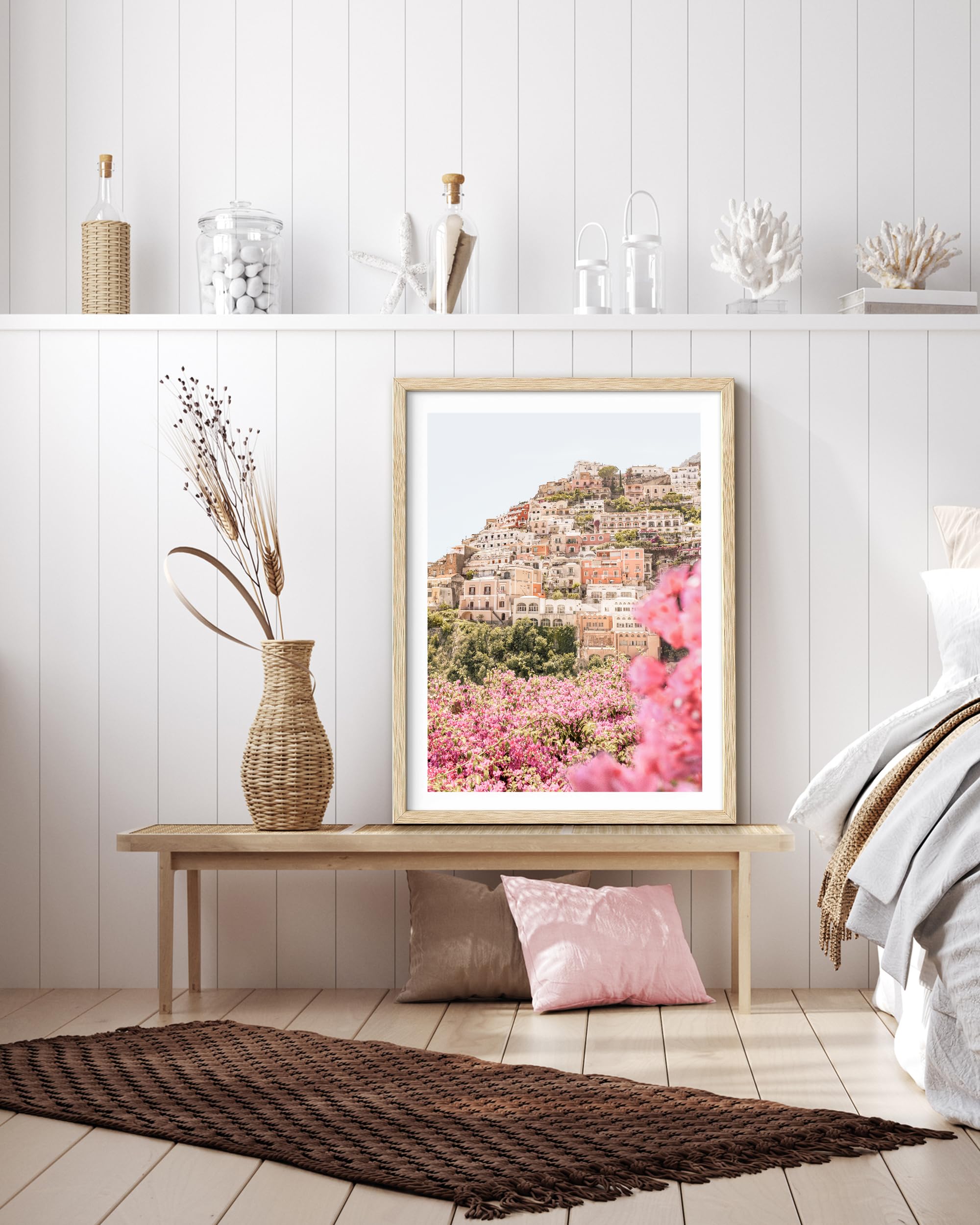 HesenDot Natural OAK Wood Amalfi Coast Framed Wall Art,12x16in Italy Beach Canvas Wall Print, Pink Flowers House Boho Wall Decor