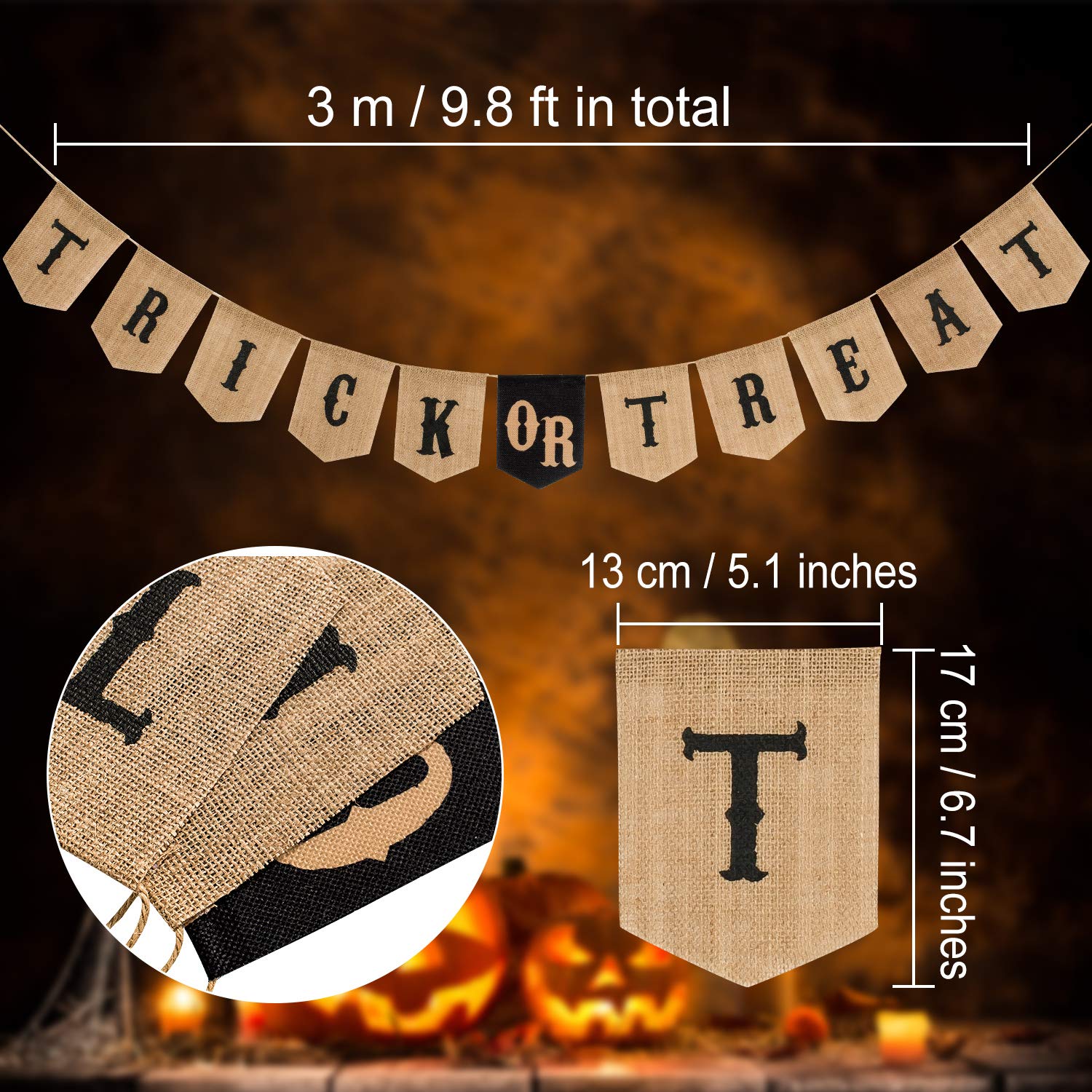 Whaline Halloween Trick Or Treat Burlap Banner, Hanging Halloween Banner Home Decor Bunting Flag Fireplace Garland Halloween Par