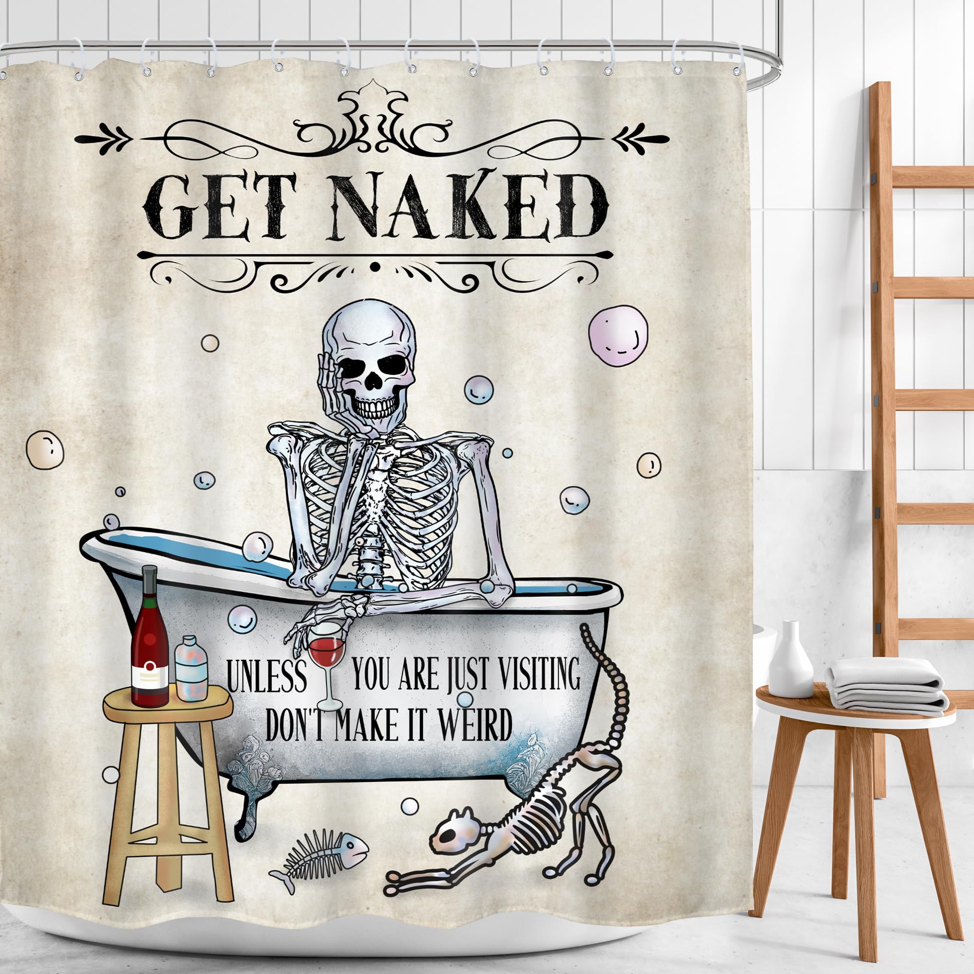 Mitpok Funny Skull Skeleton Shower Curtain 60Wx72H Gothic Spooky Cool Horror Unique Bone In Bathtub Bubbles Cat Fish Retro Scary