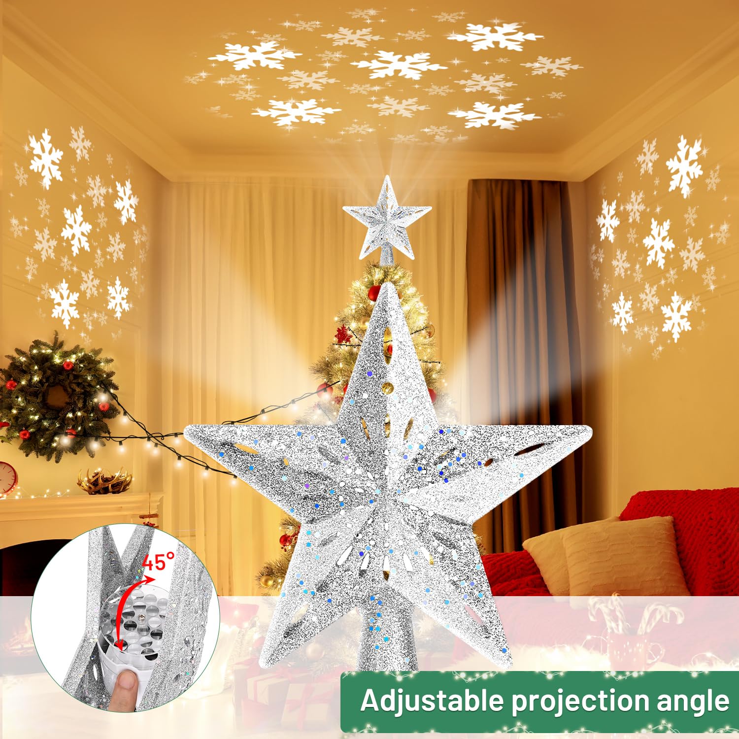 Mrrihand Christmas Tree Topper Lighted with 6 Projection Modes, Christmas Star Tree Topper Built-in LED Rotating Lights, Silver