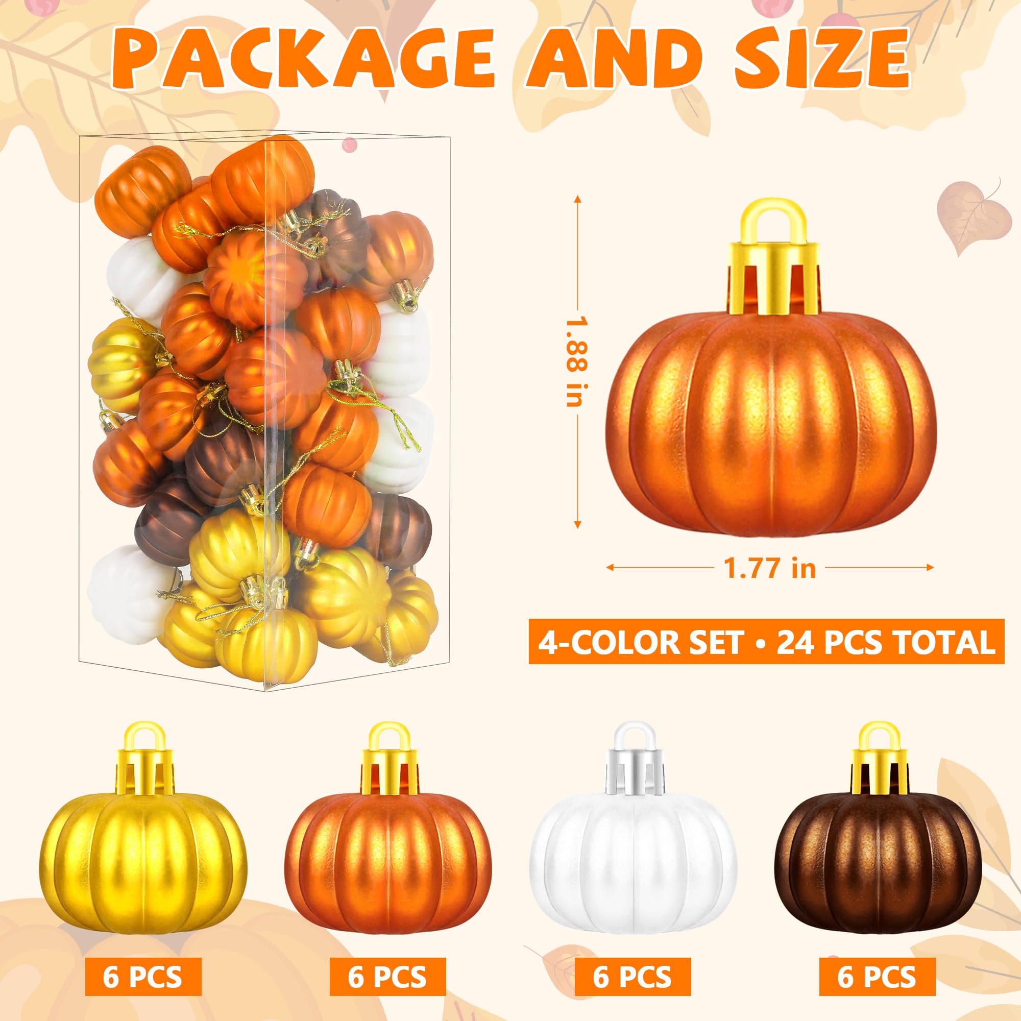 24Pcs Hanging Thanksgiving Ornaments for Tree, 4 Colors Pumpkin Decor, Mini Thanksgiving Ornament for Fall Tree Decorations Harv