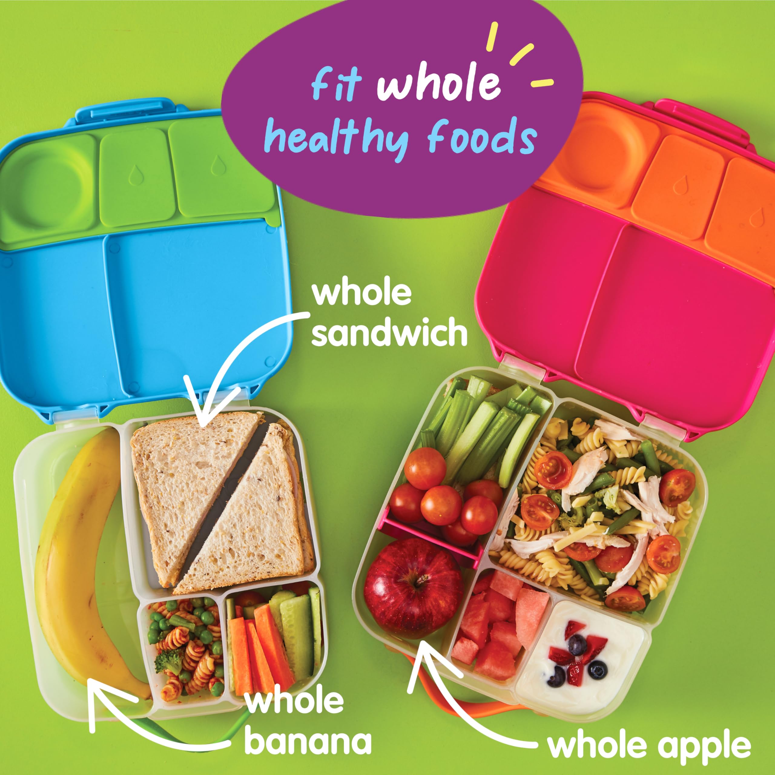 B.Box Lunch Box For Kids: Jumbo Bento Box W/ 4 Compartments (2 Leak Proof), Removable Divider, Gel Cold Pack. Older Kids & Big E