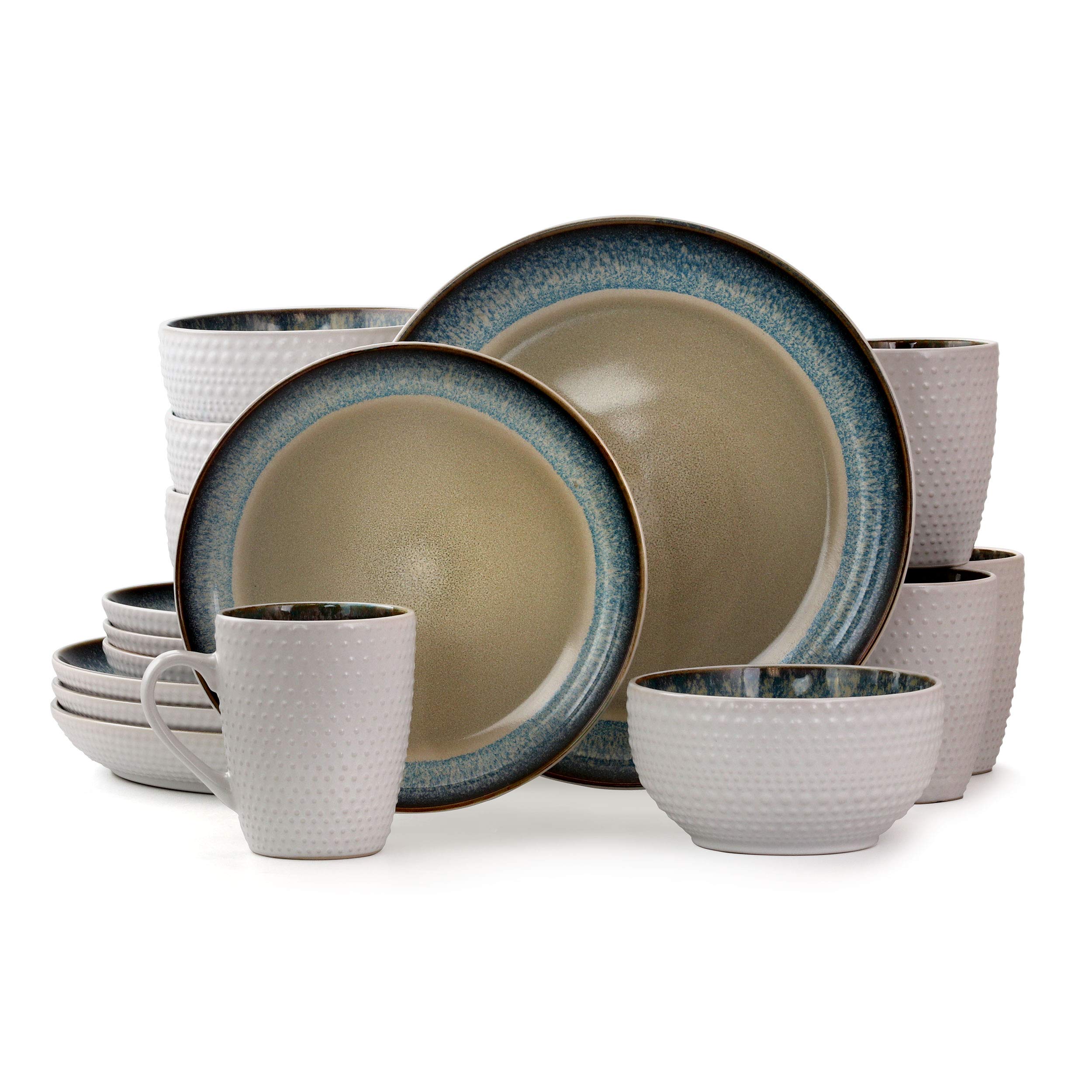 Elama Round Stoneware Contemporary Dinnerware Dish Set, 16 Piece, Warm Taupe with Blue Trim