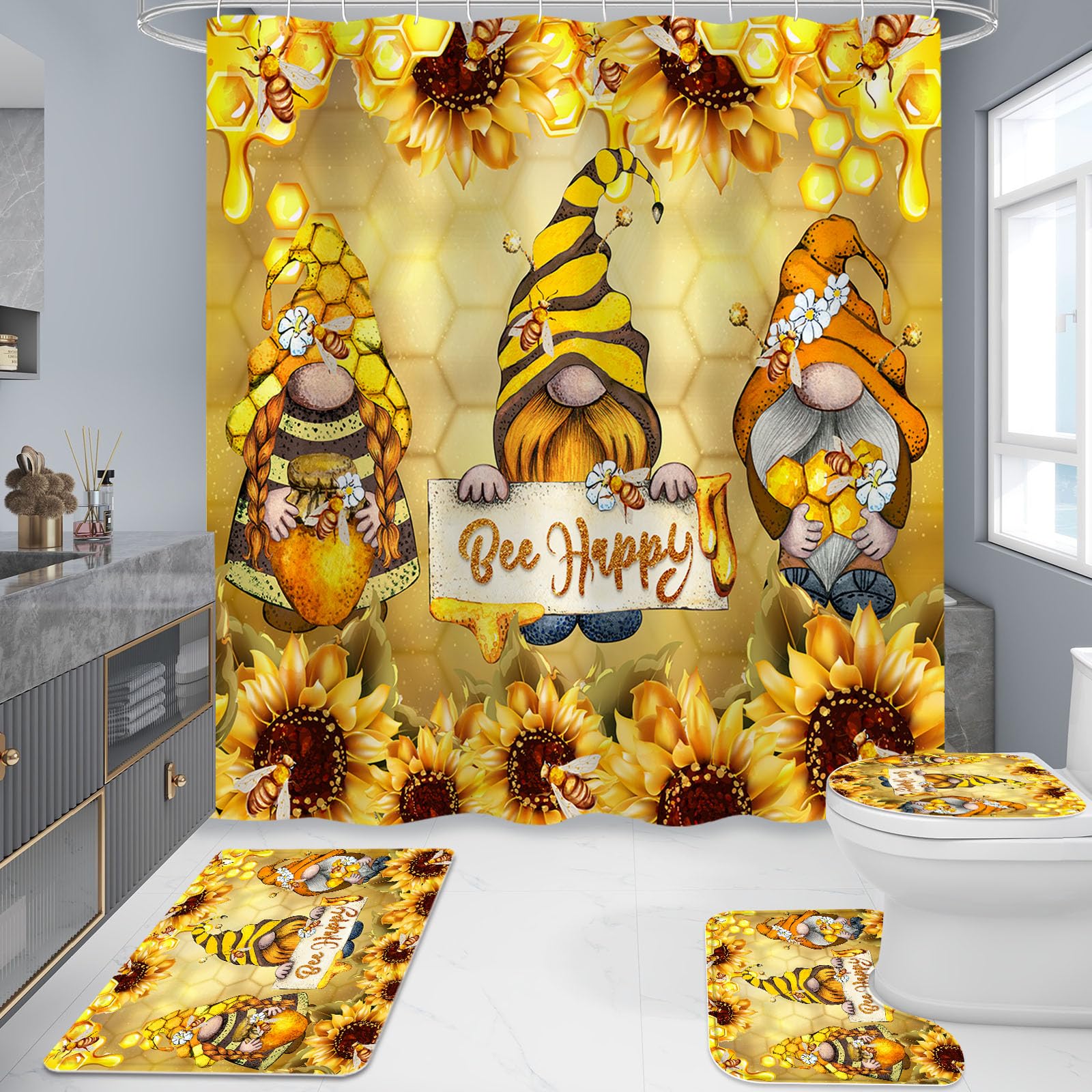 Litabel 4 Pcs Autumn Gnomes Shower Curtain Set With Non-Slip Rugs, Toilet Lid Cover And Bath Mat, Farmhouse Country Bathroom Dec