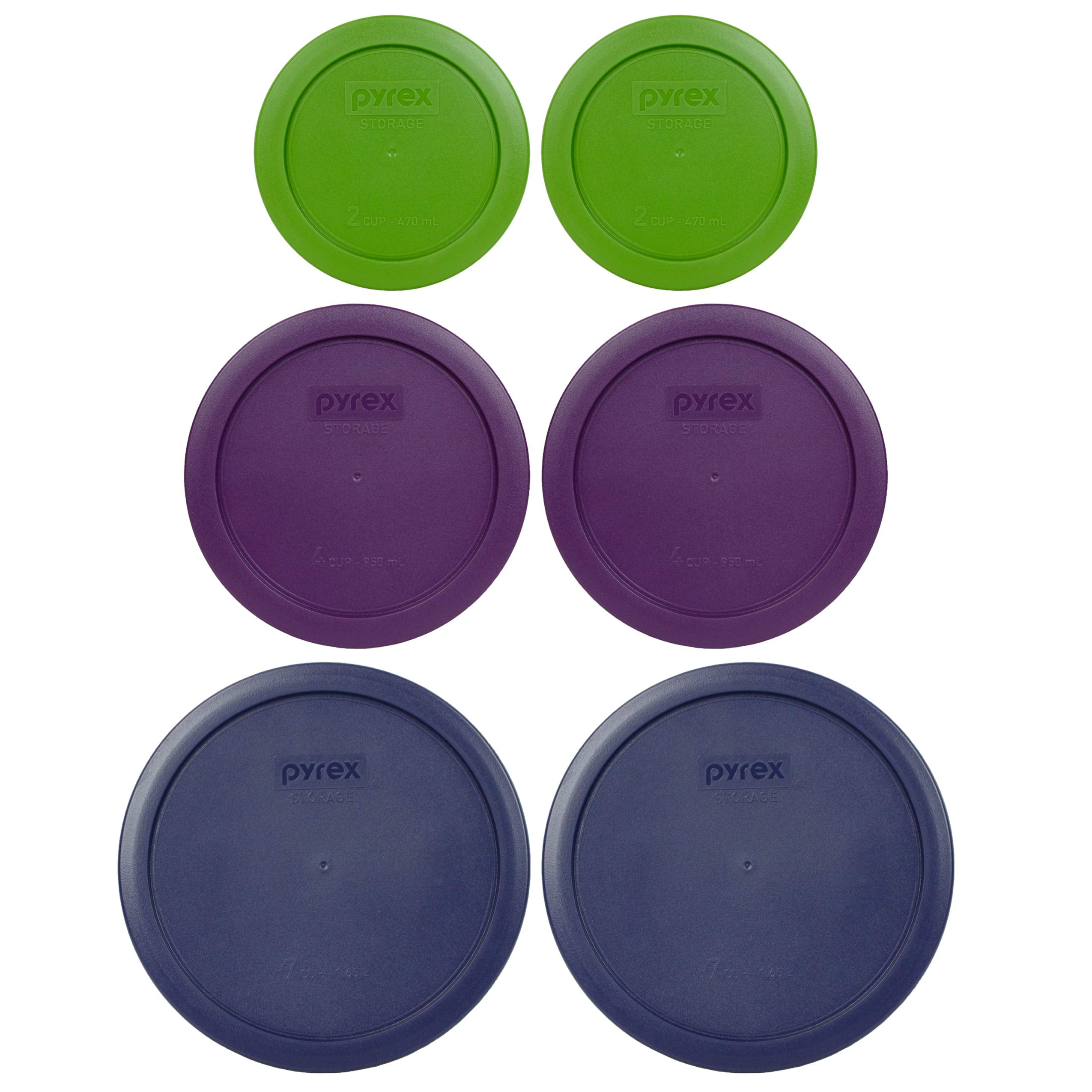 Pyrex Bundle - 6 Items: (2) 7402-Pc Blue Lids, (2) 7201-Pc Purple Lids, (2) 7200-Pc Lawn Green Lids, Made In The Usa
