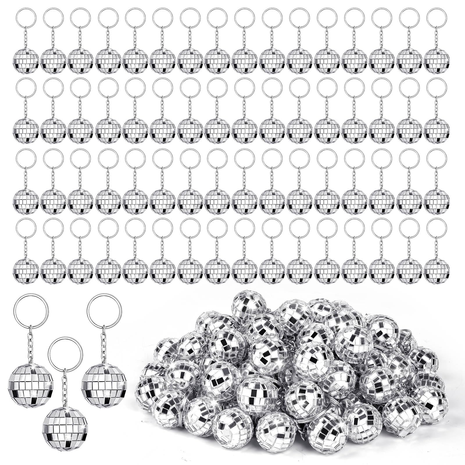 ZHWKMYP 100Pcs Mini Disco Ball Keychain, Small Silver Disco Ball Bulk Keyring Party Favors for 70s 80s Disco Party Supplies Deco