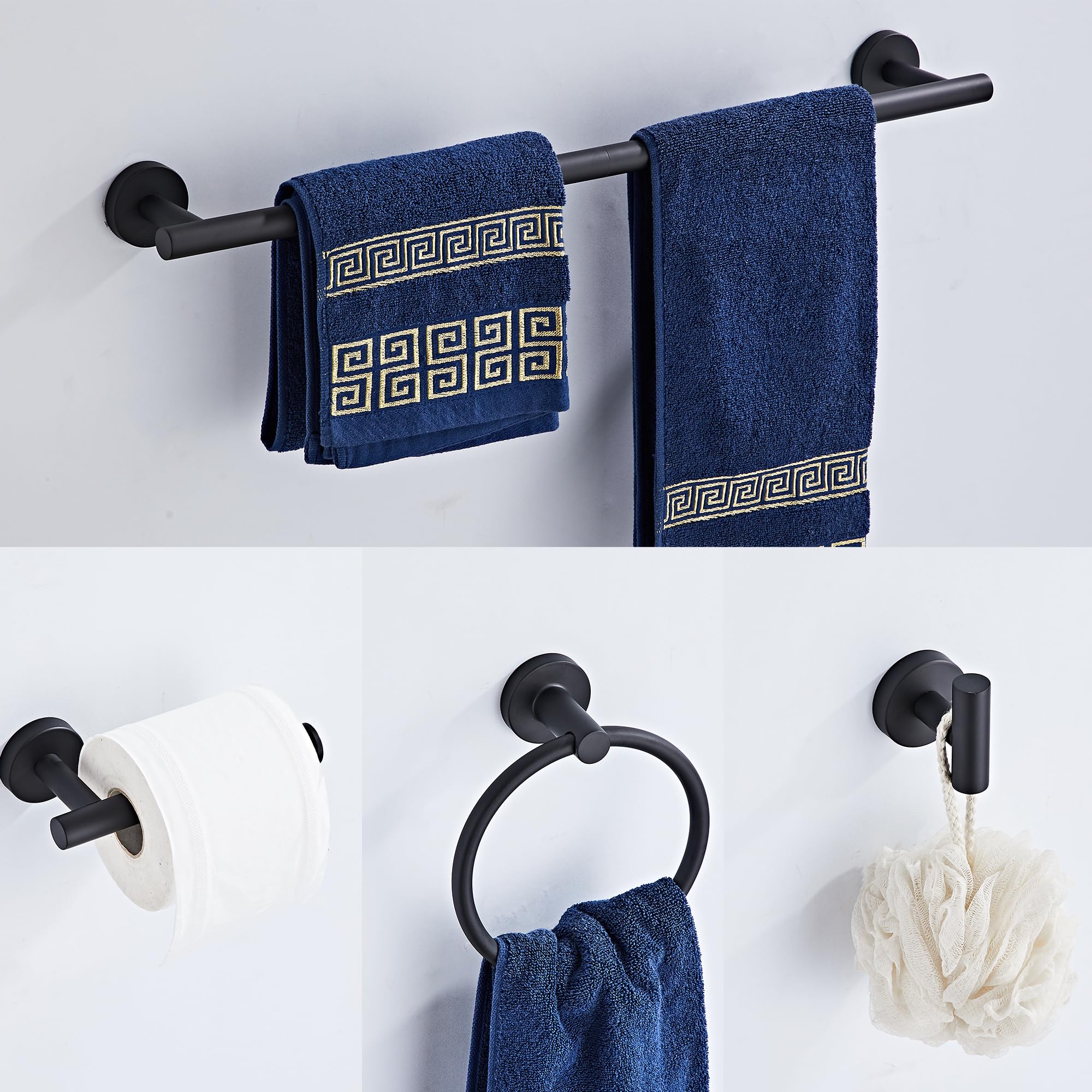 Matte Black Bathroom Hardware Set 5 Piece With Towel Racks For Bathroom, Sus304 Stainless Steel Bath Towel Bar Set, 24 Inch Wall