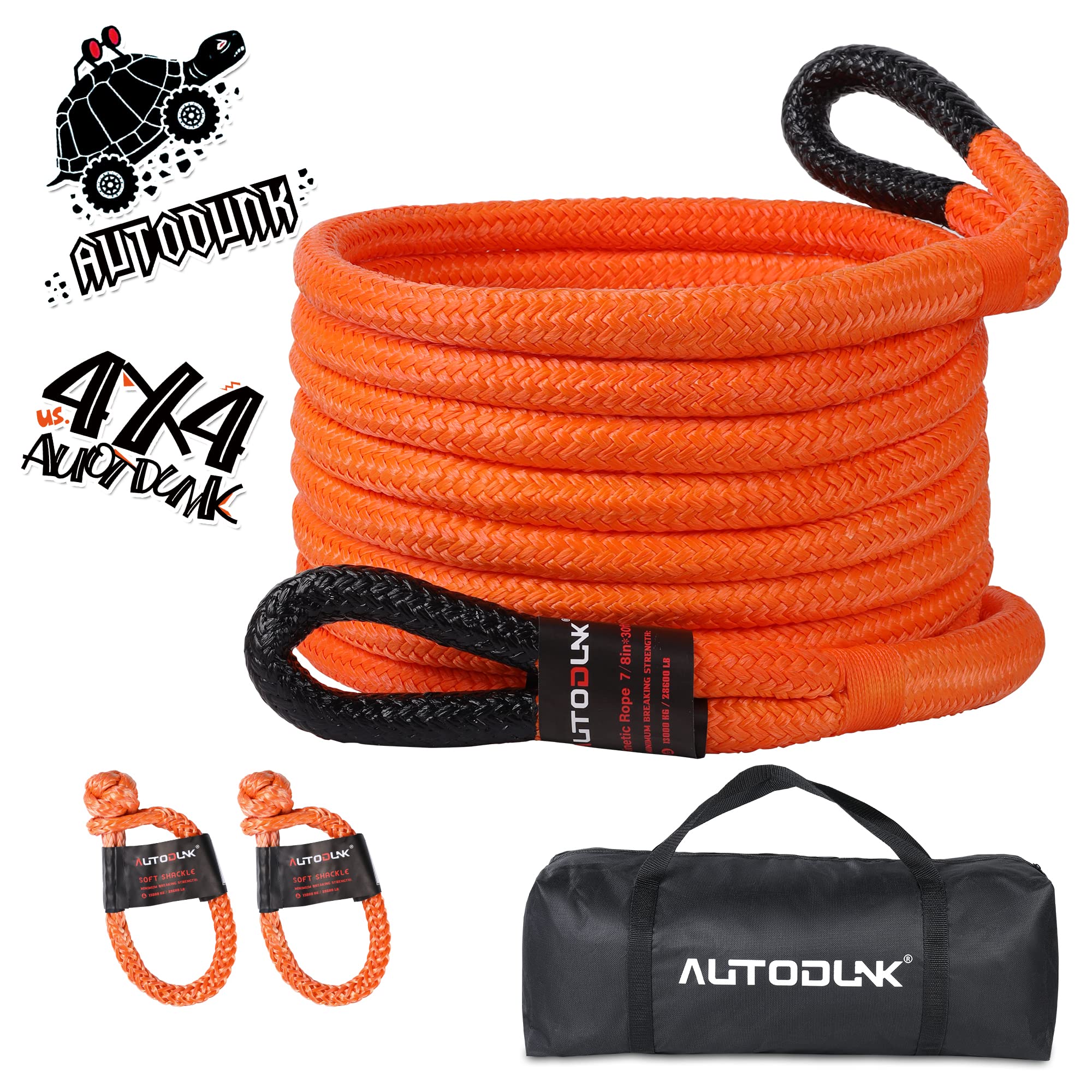 Autodunk 1 X 30 Kinetic Recovery  Tow Rope (33,000Lbs), With 2 Soft Shackles (33,000Lbs) Offroad Recovery Kit For 4Wd Pick Up Tr