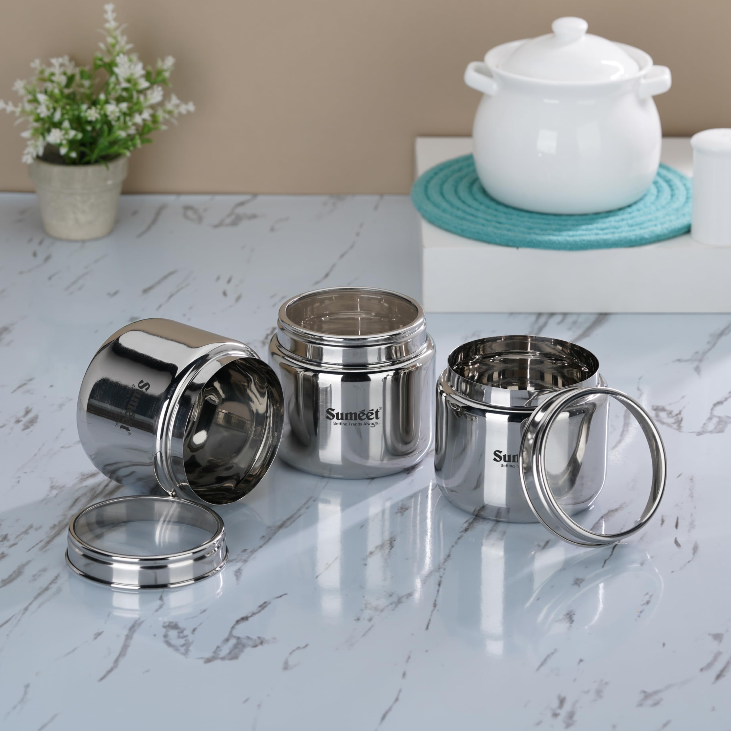 Sumeet Stainless Steel Small Canisters/Dabba/Storage Containers For Kitchen With See Through Lid, Set Of 3 Pcs, 400Ml Each, 9Cm