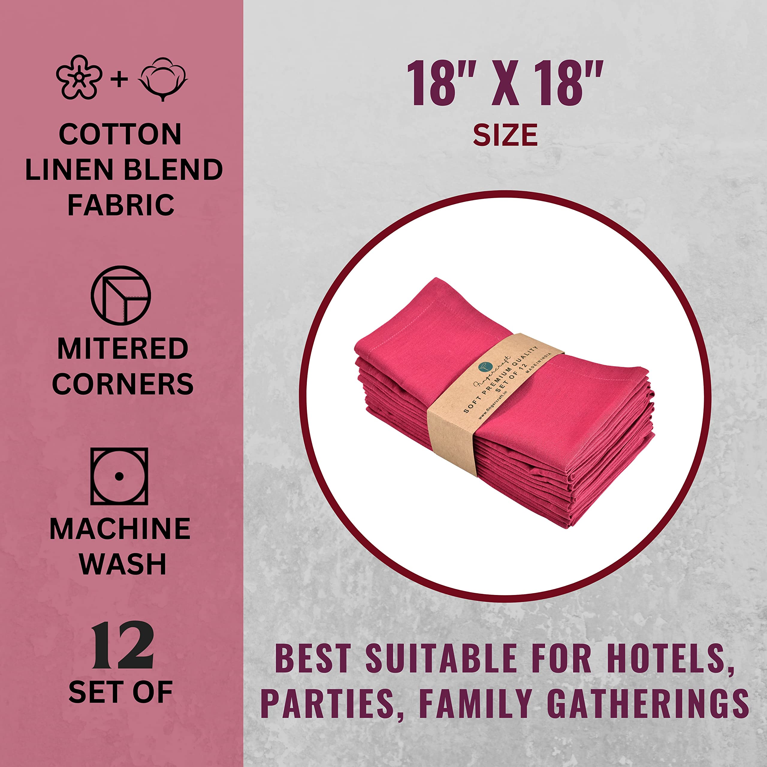 Fingercraft Dinner Cloth Napkins, Cotton Linen Blend Fabric 12 Pack, Premium Quality, Mitered Corners For Every Day Use Napkins