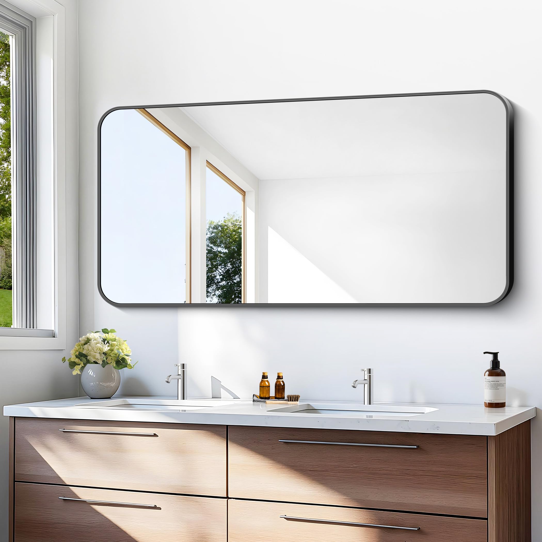BONEWEI 24x48 inch Bathroom Mirror,Black Rectangle Mirror,Wall Mounted Bathroom Frame Vanity Mirror with Round Corner for Bedroo