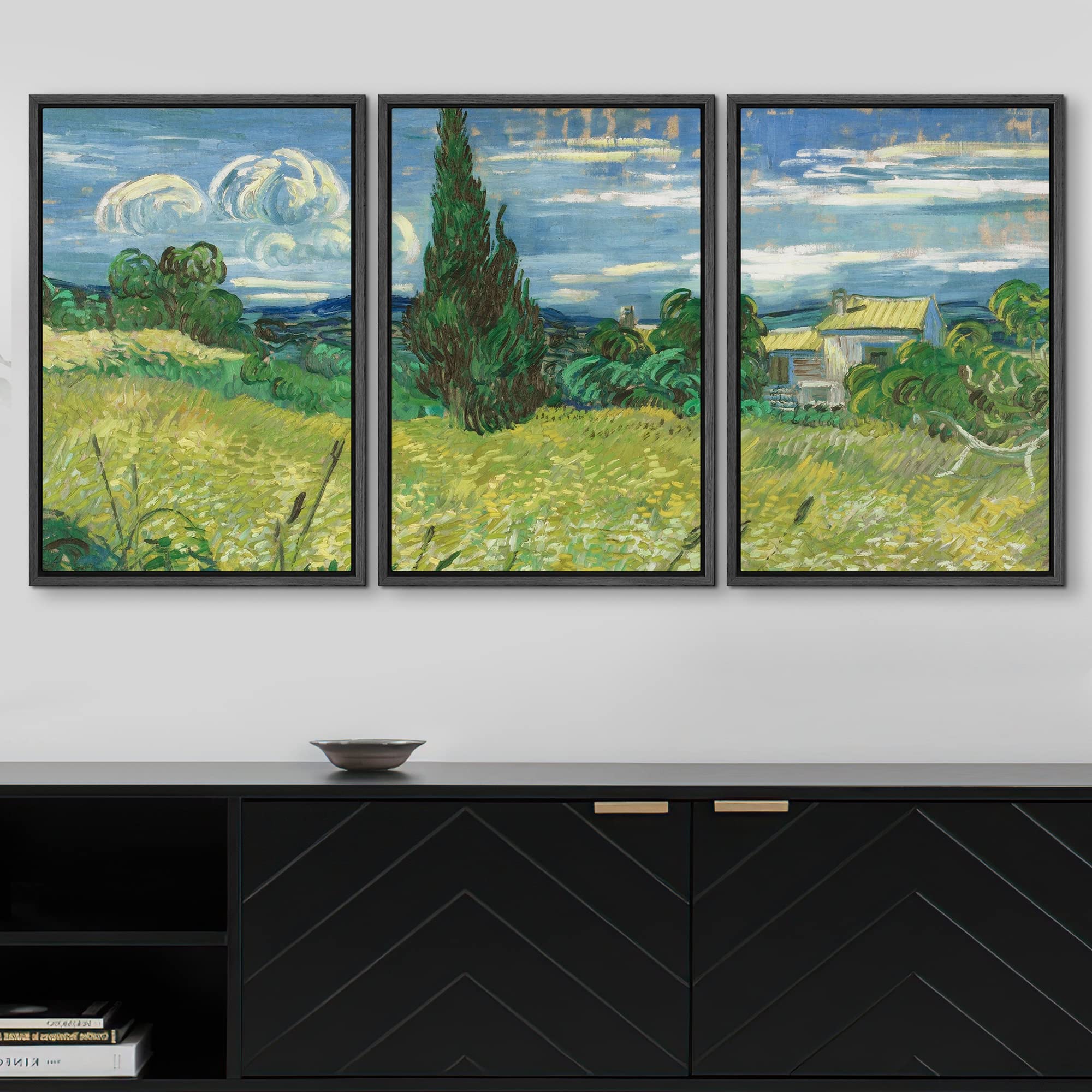 Wall26 Framed Canvas Print Wall Art Set Green Wheat Field With Cypress Trees Vincent Van Gogh Classical Illustrations Fine Art D