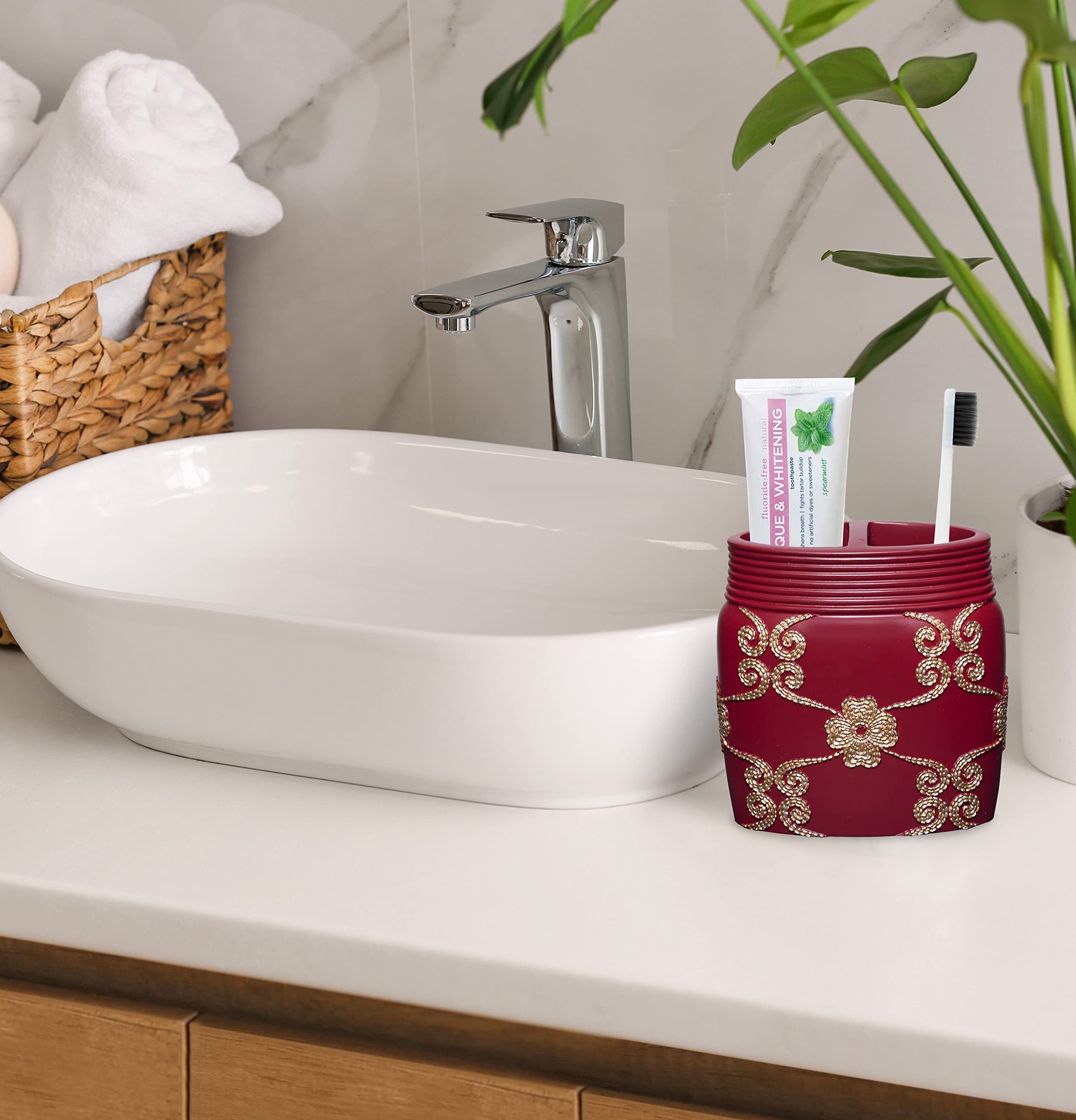 Popular Bath Toothbrush Holder, Vlegant Rosa Collection, Burgundy/Gold