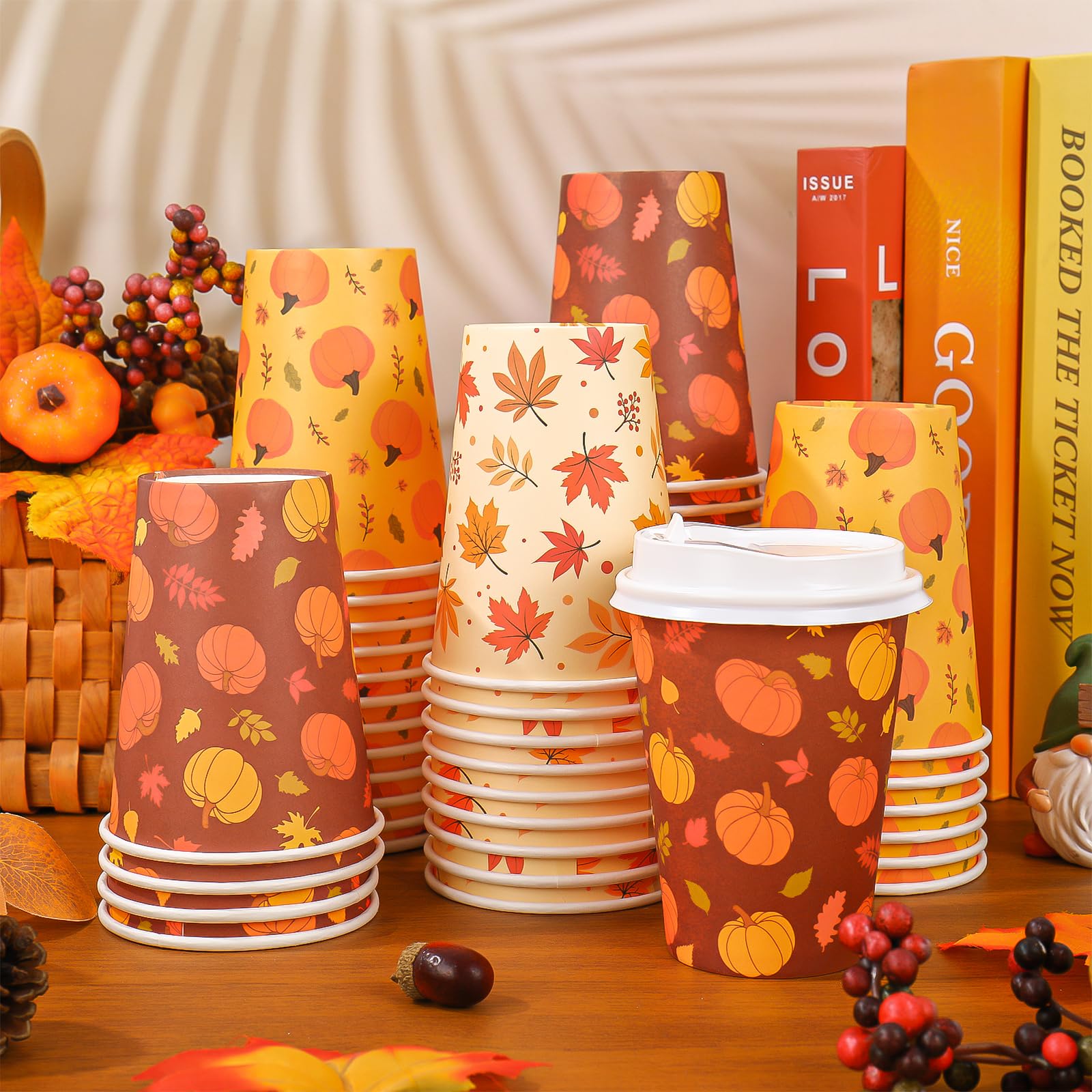 JarThenaAMCS 72 Sets Fall Thanksgiving Disposable Coffee Cups with Lids Maple Leaf Pumpkin Paper Drinking Cup for Autumn Harvest