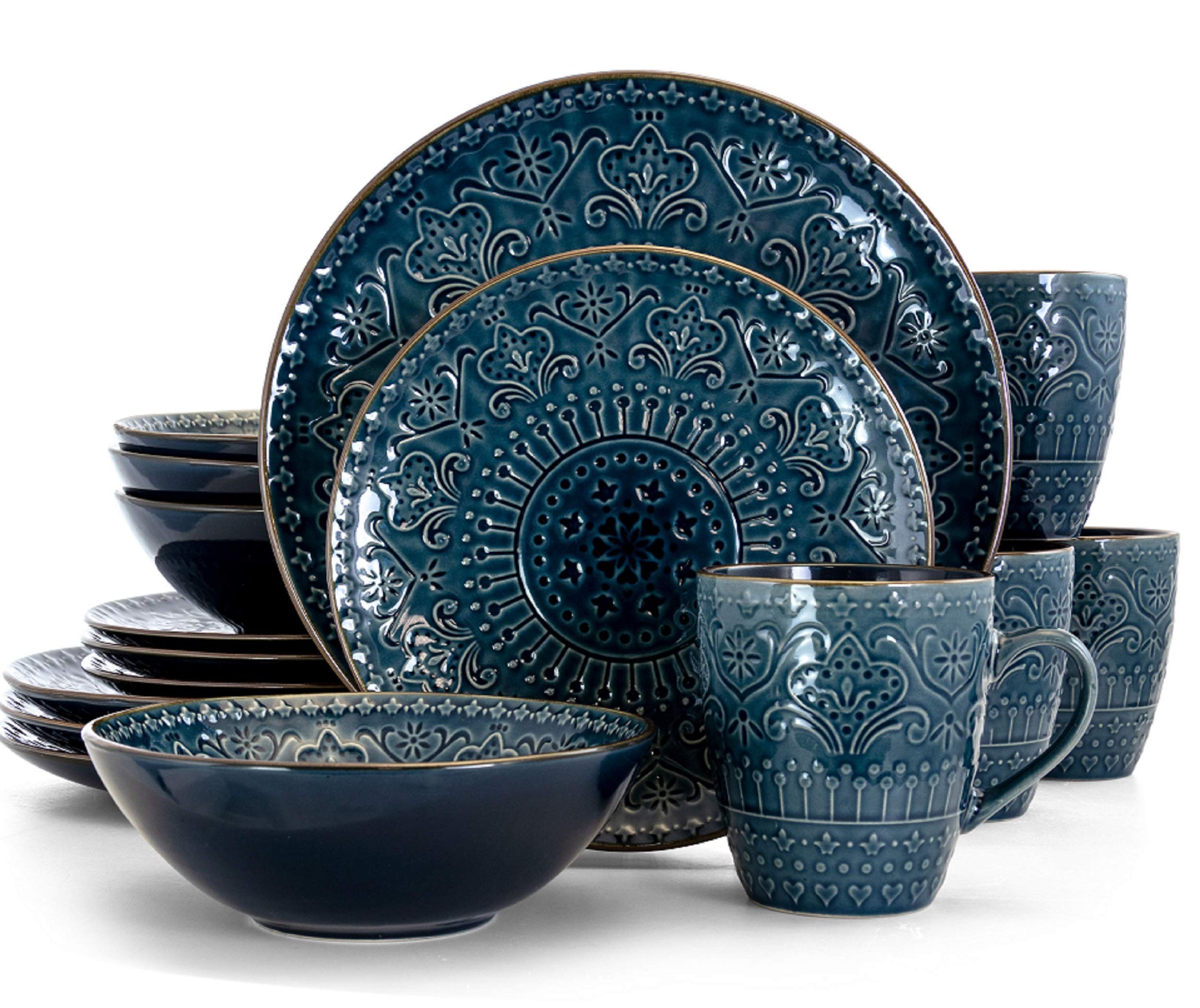 Elama Deepsea Mozaic 16 Piece Round Stoneware Dinnerware Set in Sea Blue