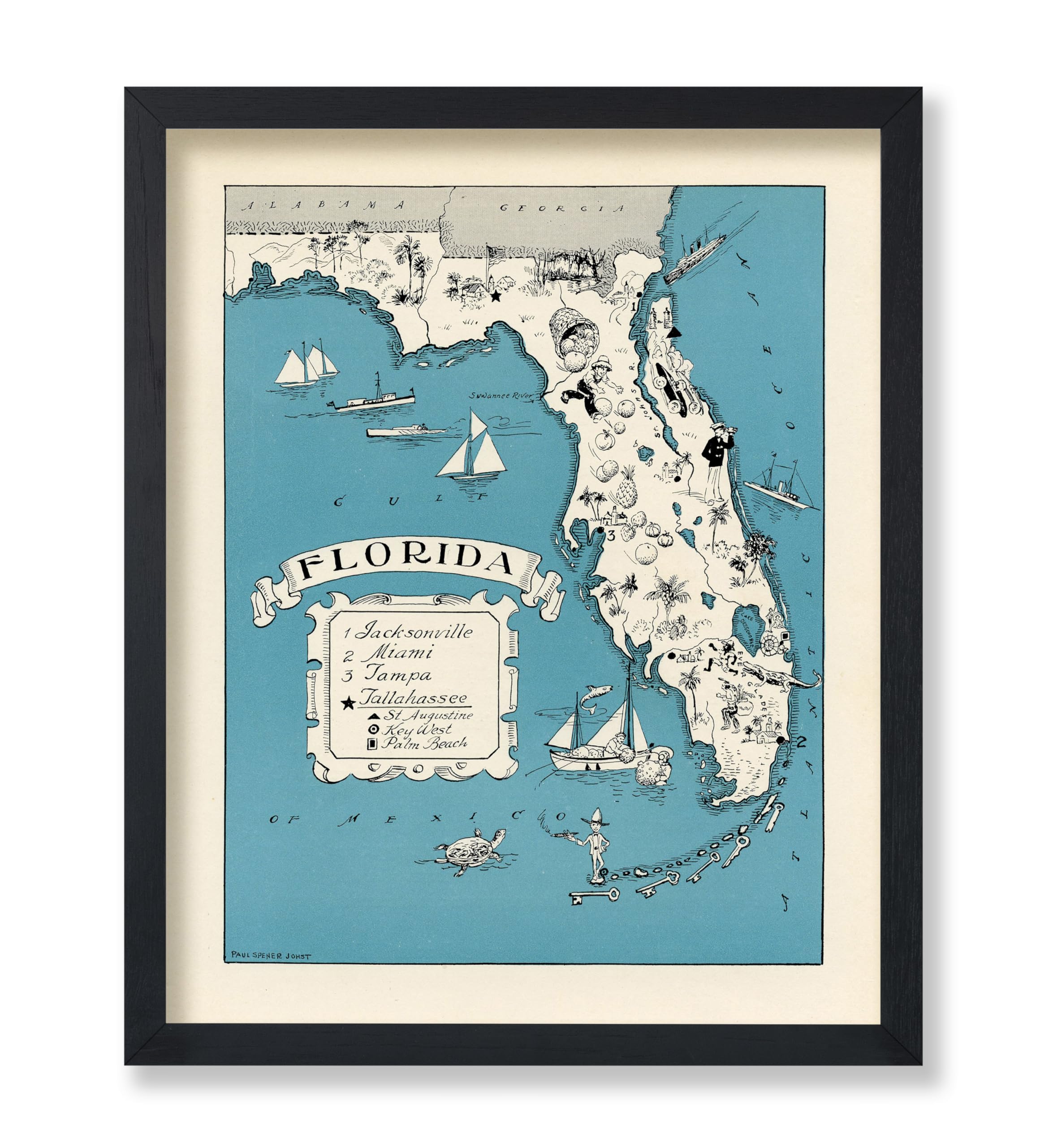 Poster Master Vintage Map Poster - Retro Florida Print - Pictorial Cartoon Map Art - Funny Gift For Men, Women, Travel Lover - C
