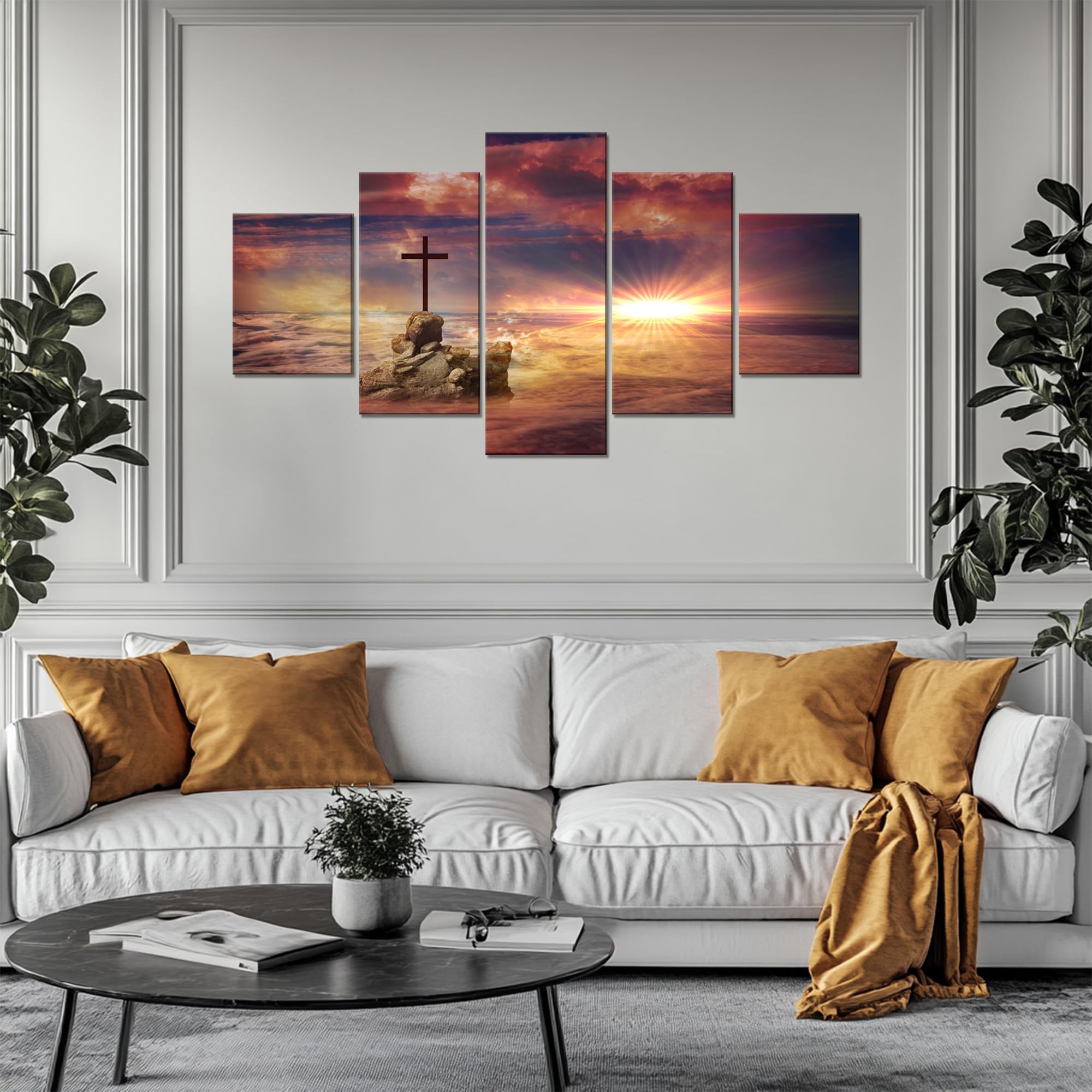 Cross on a Rock Wall Decor Religious Jesus Christ Spiritual Wall Art Picture Canvas Print Christian Poster Painting Framed Home Living Room Bedroom Decoration Ready to Hang(60''Wx32''H)