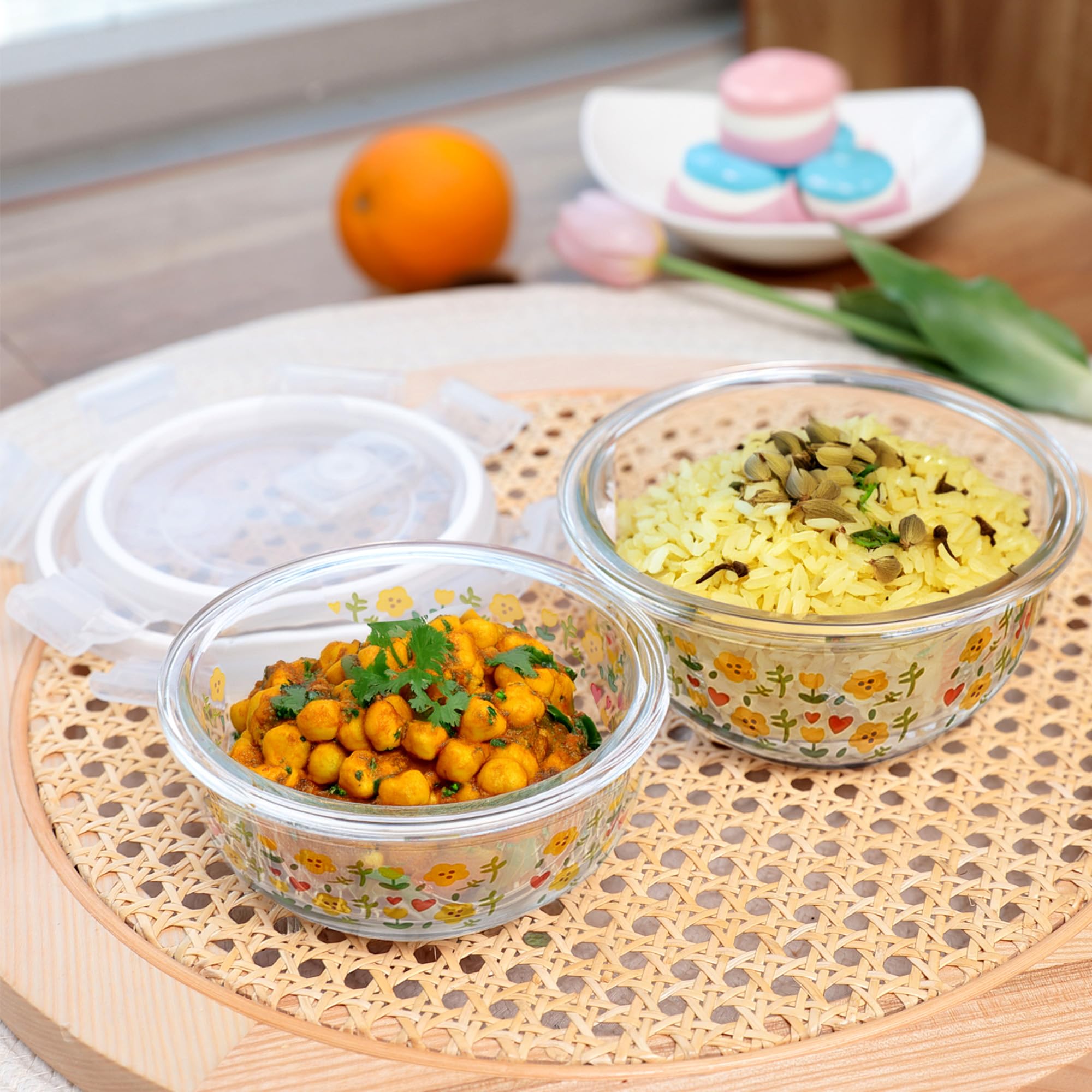 The Better Home Borosilicate Glass Container Set With Lids, Pack Of 2 (370Ml & 635Ml, Green) | Microwave Safe | Glass Container 