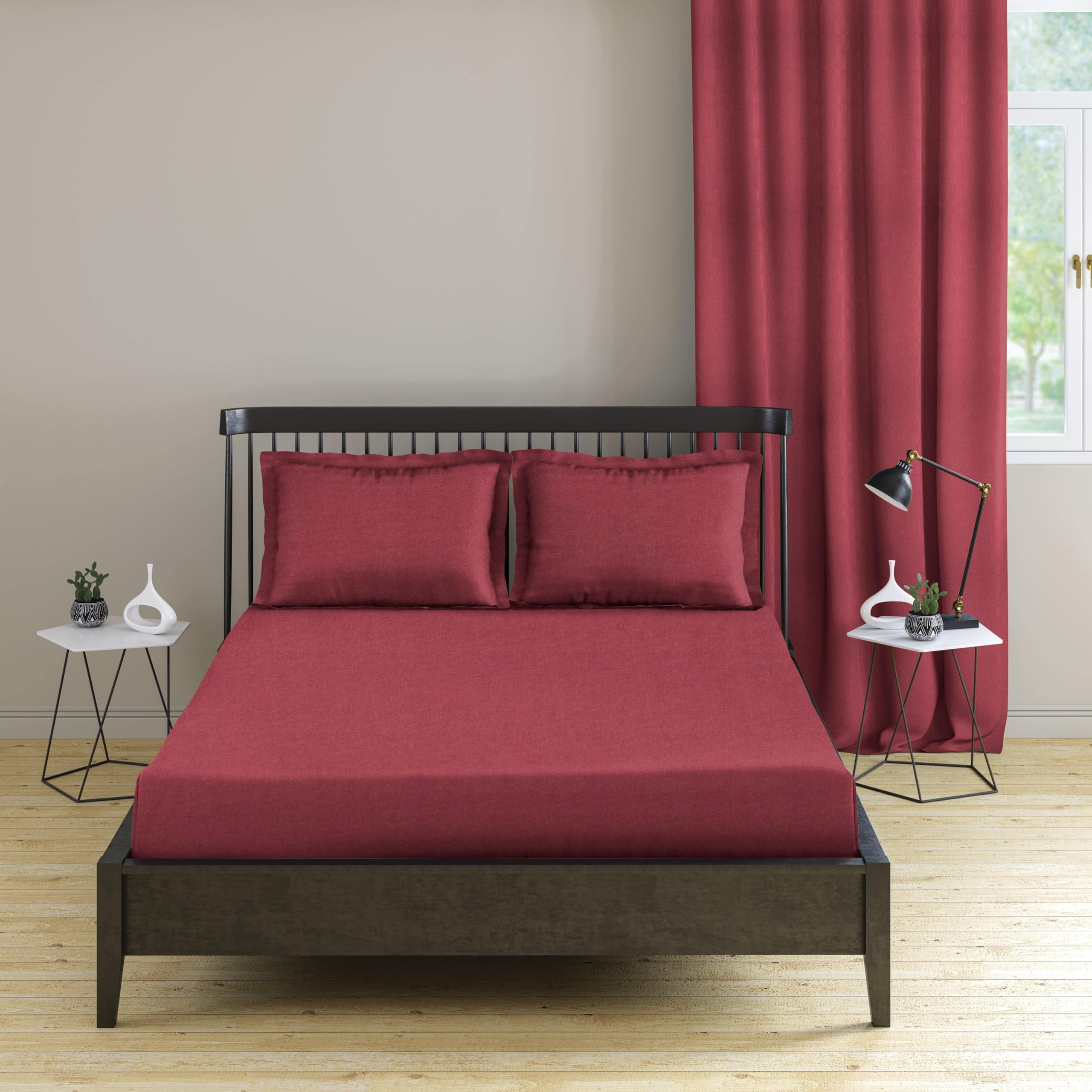 Trance Home Linen Cotton Bedsheet | 144 Tc Thin Flat Bedsheet | Queen Bed Sheet For Regular Use With 2 Pillow Cover - Maroon