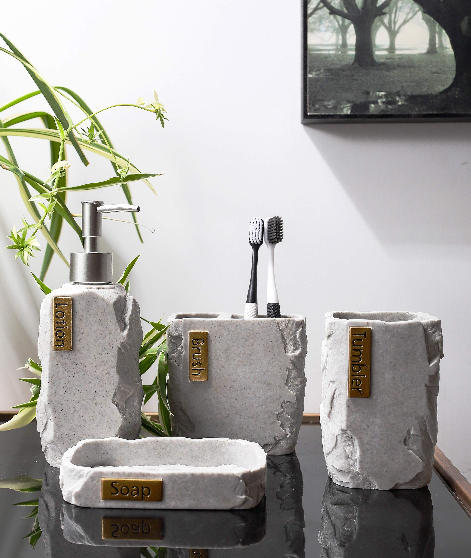 Hymmah Bathroom Accessories Set Marble Design Toothbrush Holder Farmhouse Bathroom Decor 4 Pcs Resin Gift Set Apartment Necessities  Contain Toothbrush Cup Soap Dispenser Soap Dish Tumbler