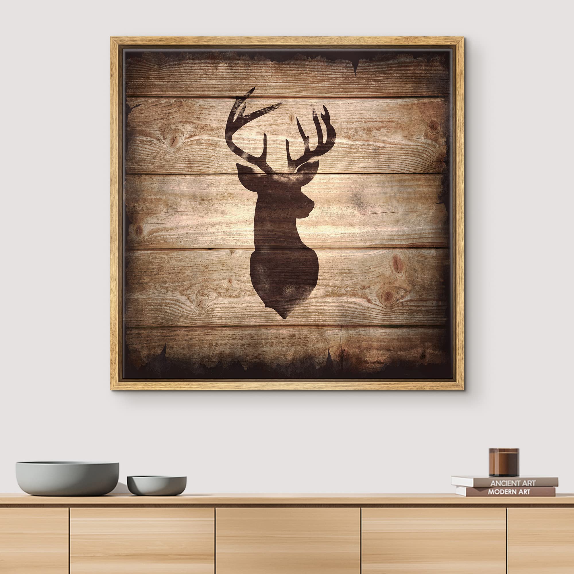 wall26 Square Framed Canvas Wall Art - Deer Antler Silhouette on Rustic Wood - Giclee Print - 24"x24" Natural Ready to Hang