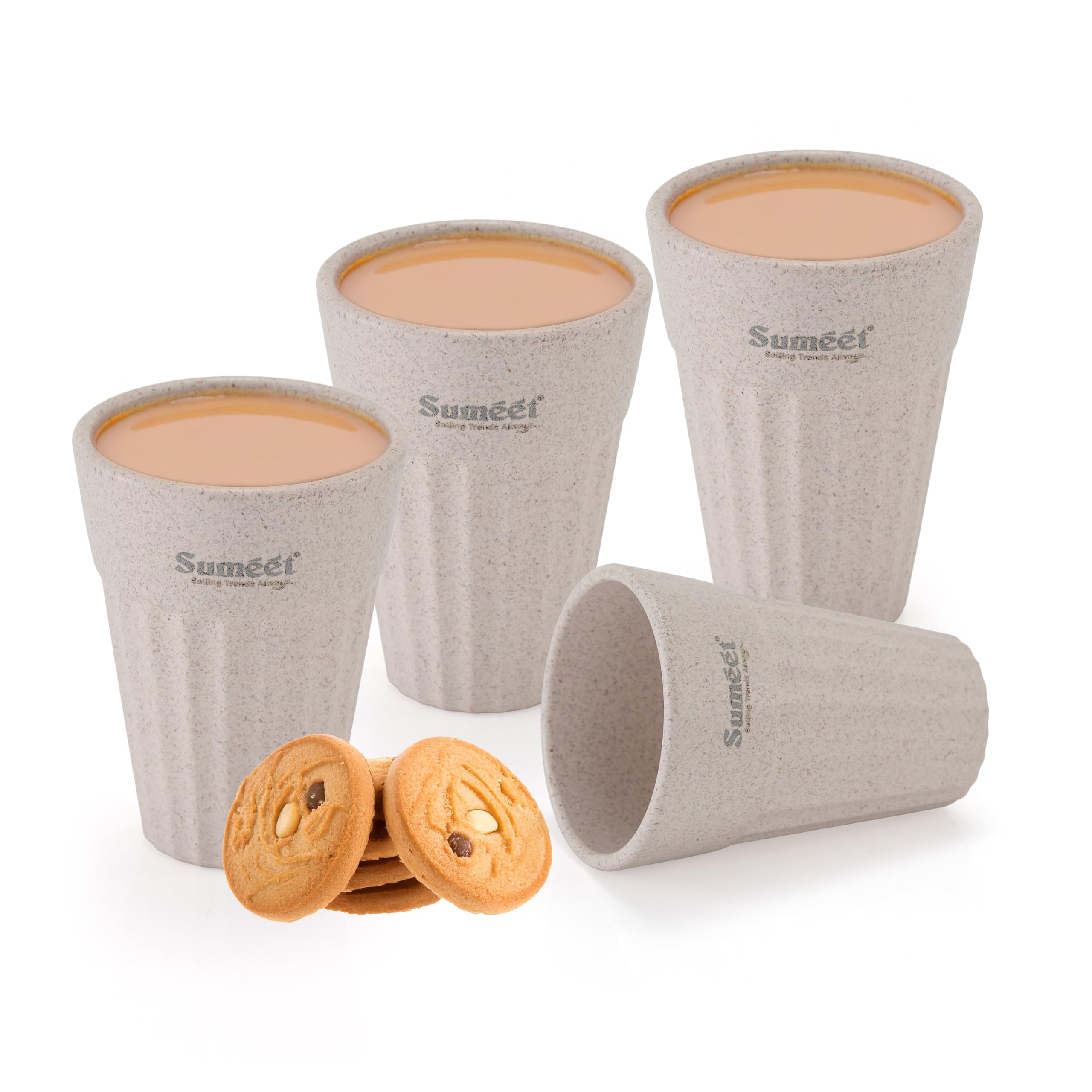 Sumeet eco-Friendly Cutting chai Cups  200 ml  Set of 4  off-white - Rice Husk & Bamboo Fiber Build  Strong  Reusable  Microwave & Dishwasher Safe  Ideal for Tea  Coffee & Beverages