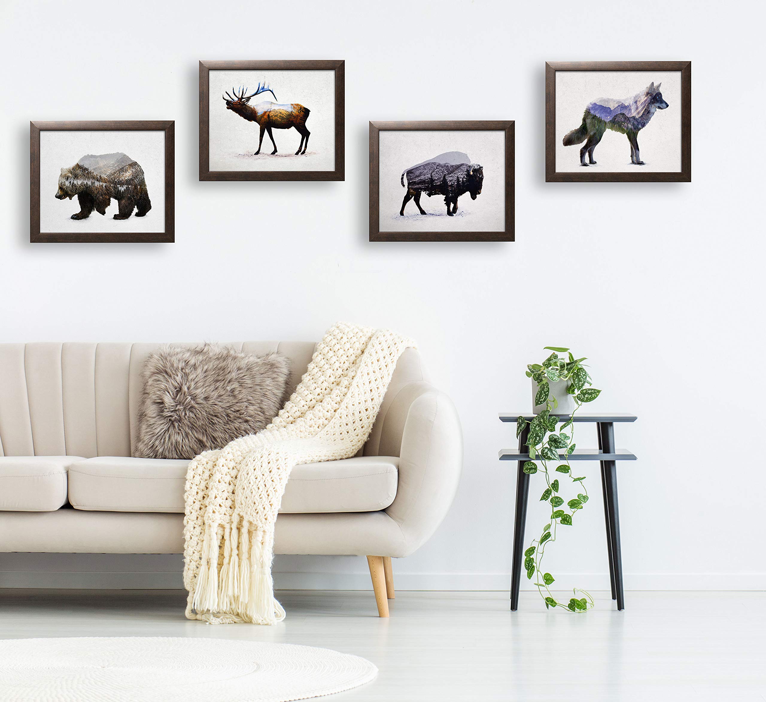 Rustic Double Exposure Elk, Bison, Wolf And Bear Landscape Set; Cabin Lodge Decor; Four 14X11In Brown Framed Prints; Ready To Ha