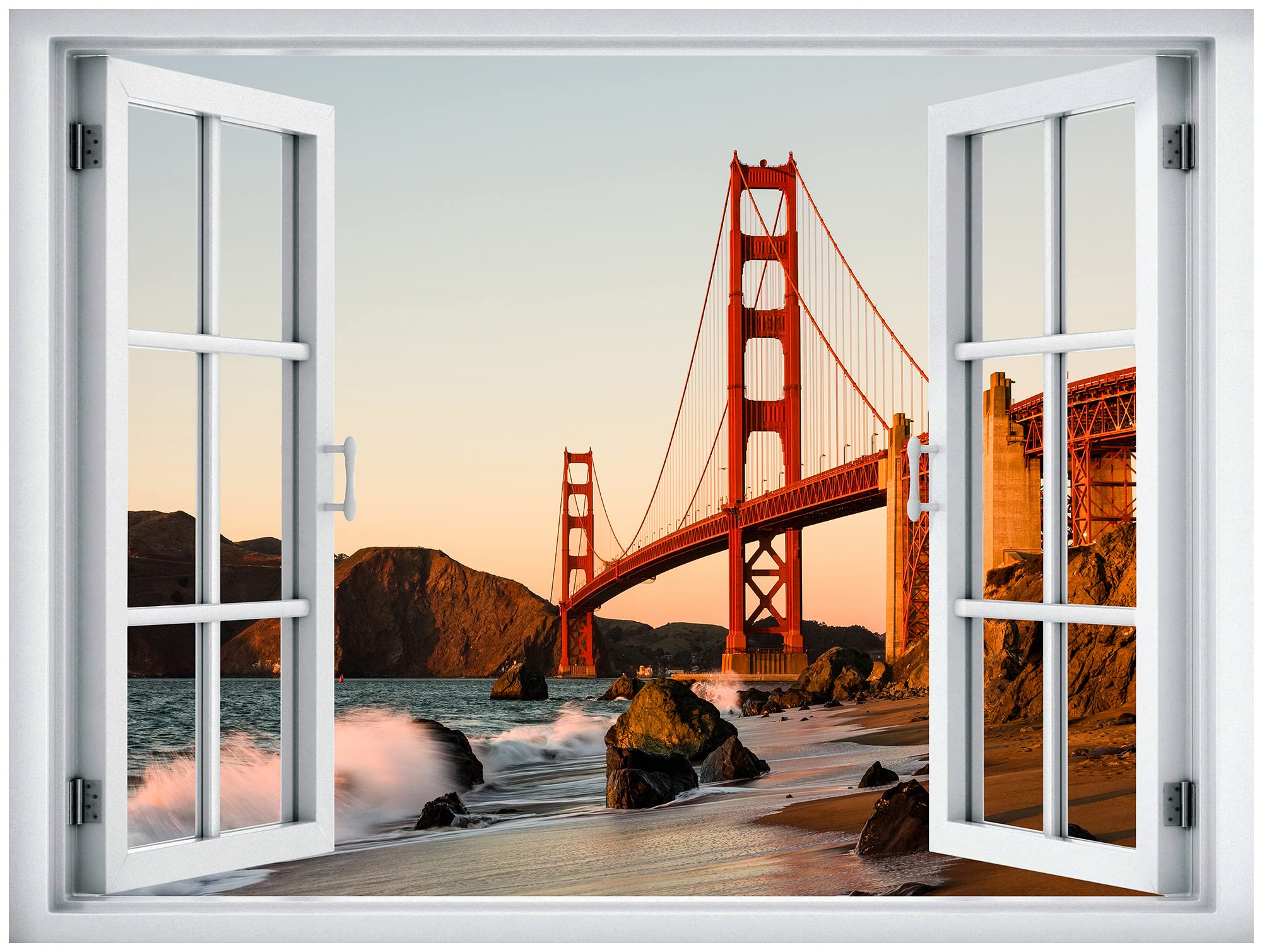 Wall26 Removable Wall Sticker/Wall Mural Window View San Francisco Golden Gate Bridge Sunset Nature Wilderness Photography Reali