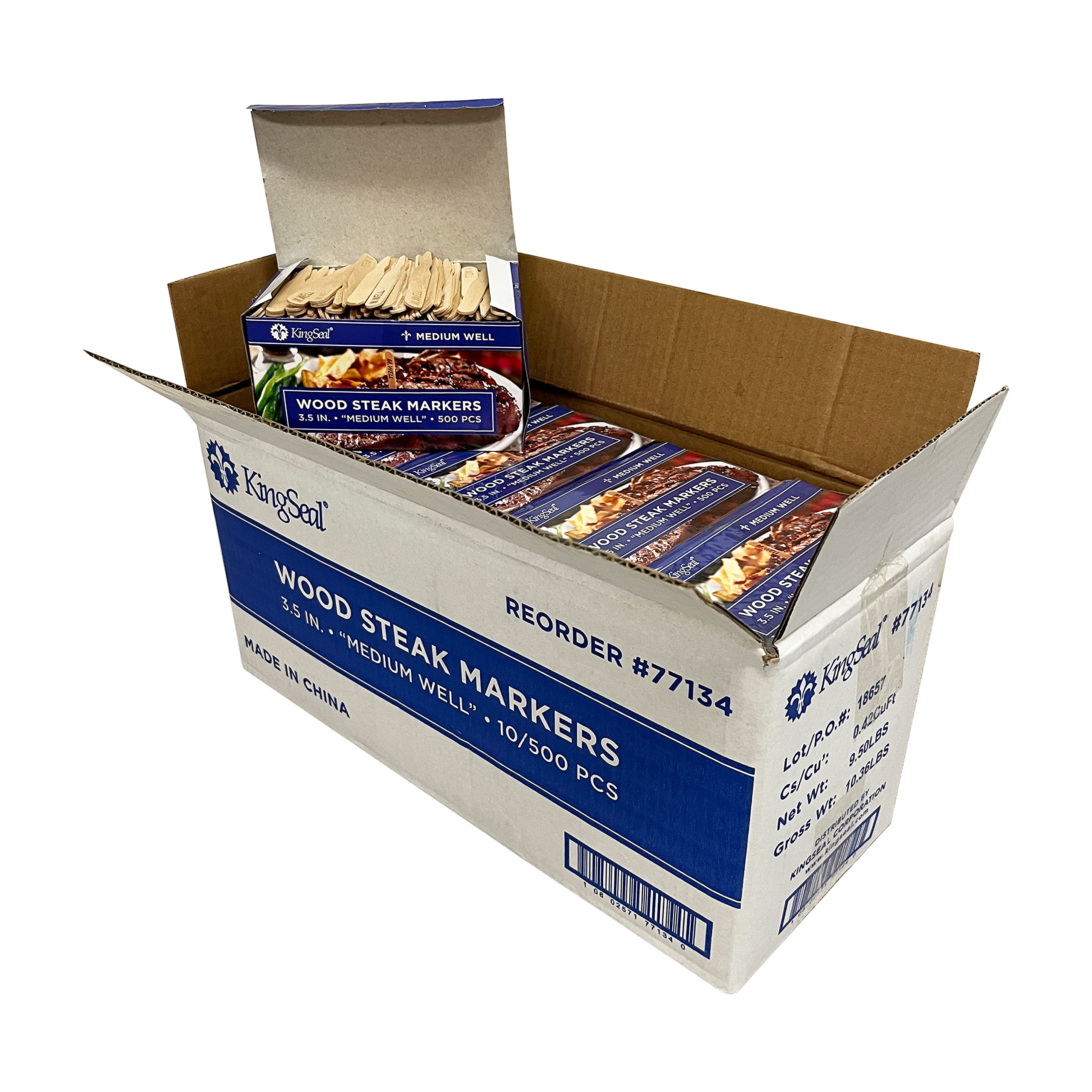 Kingseal 3.5 Inch Natural Birch Wood Steak Markers, Heat Stamped, Med Well, Commercial Bulk Pack - 10 Boxes Of 500 (5,000Pcs Tot