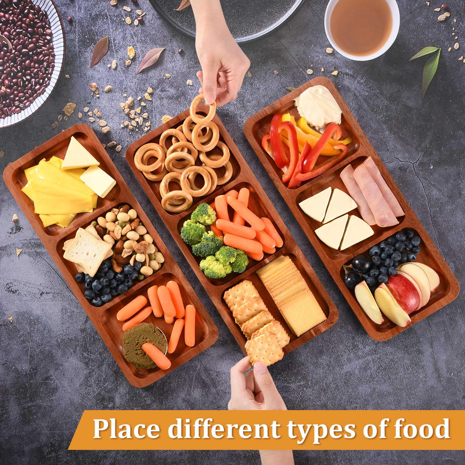 Lorbro Acacia Wood Serving Tray, 14'' X 5.5'' Wooden Serving Platter, 3 Section Rectangular Wooden Trays For Food, Cheese, Snack