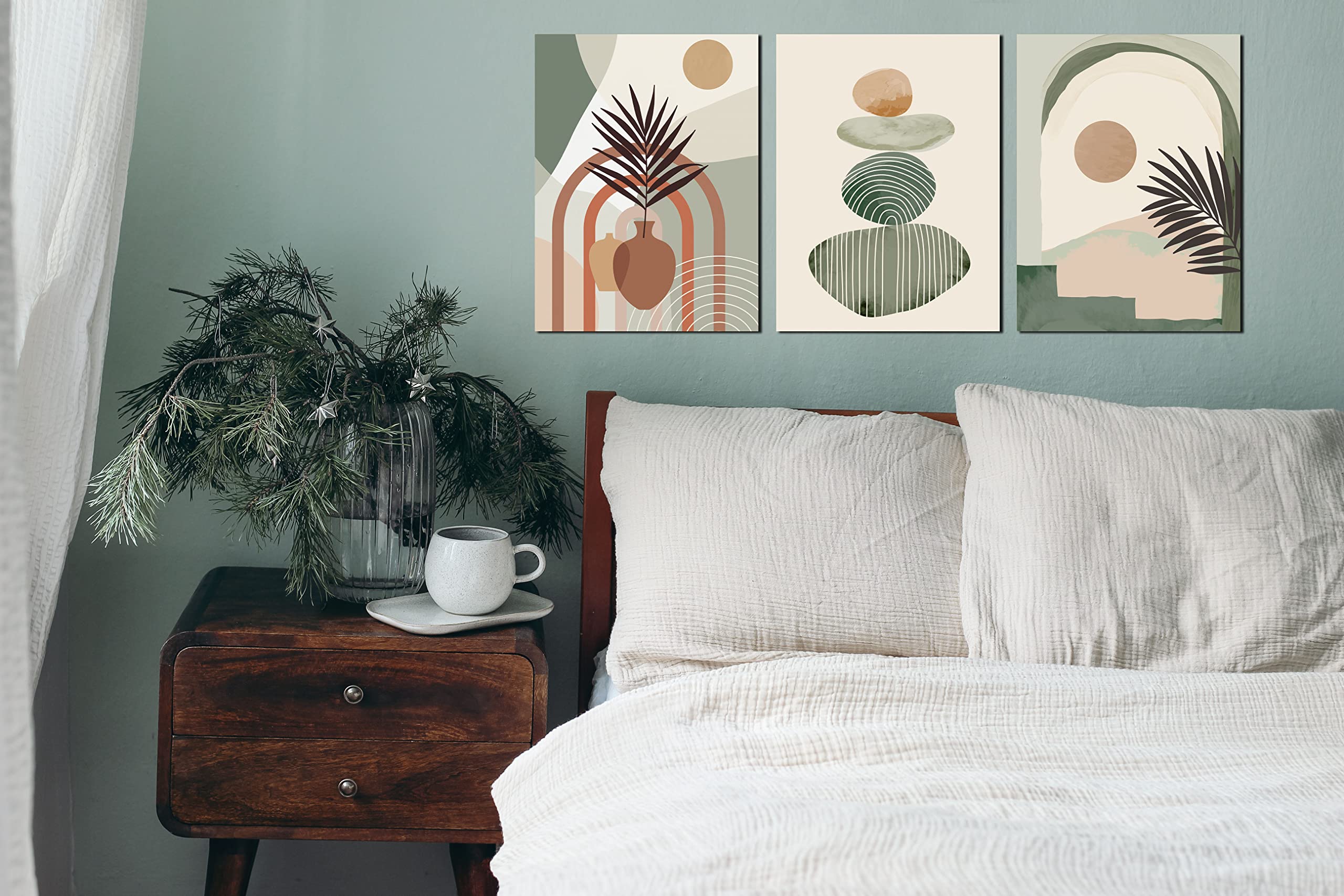 Zhaoshop Boho Art Wall-Decor - Green Canvas Wall Art For Bedroom - 3 Piece Wall Art Decor Stretched And Framed Ready To Hang Siz