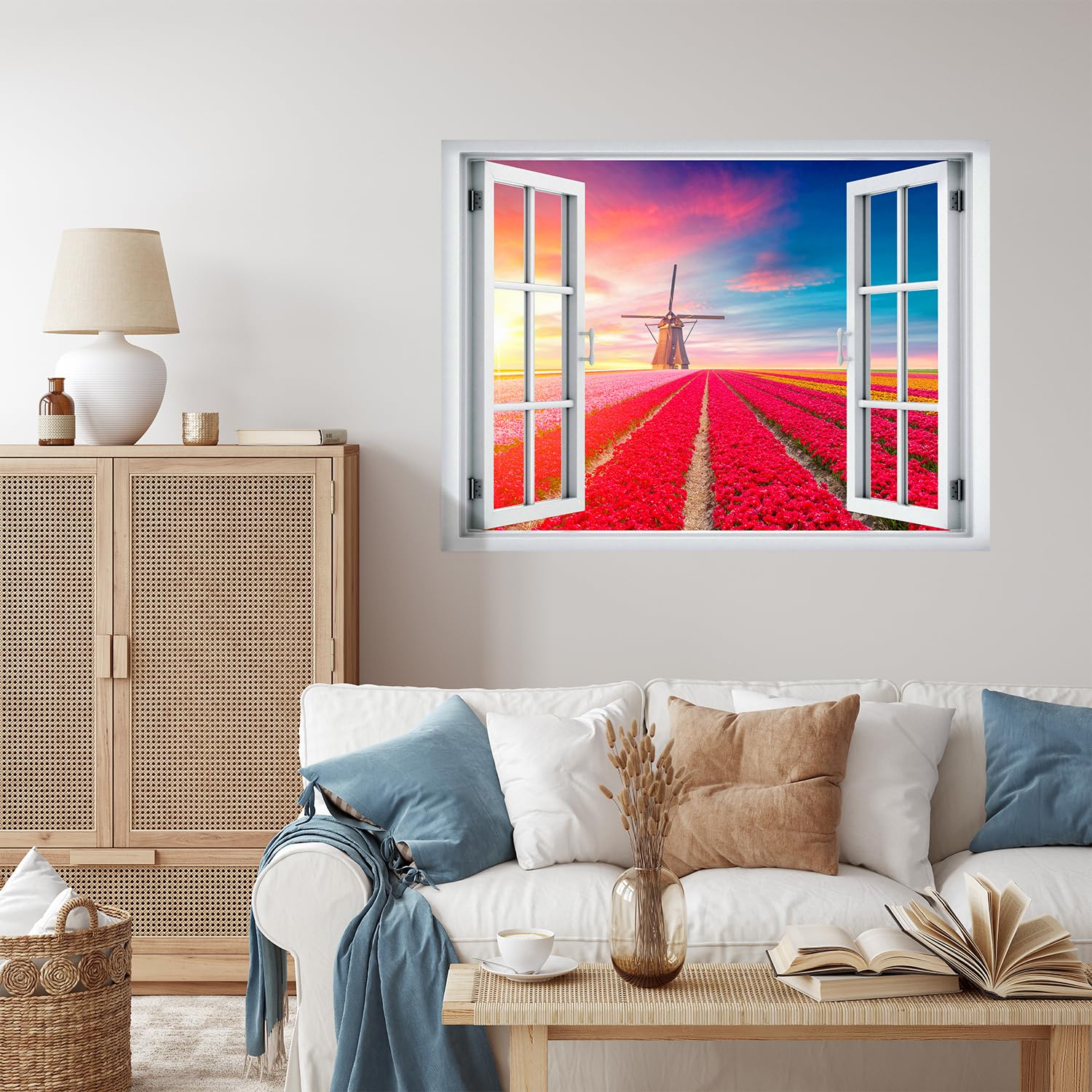 wall26 Removable Wall Sticker/Wall Mural Window View Vibrant Sunset Dutch Windmill Flower Field Nature Wilderness Photography Realism Landscape Multicolor for Living Room  Bedroom  Office - 24''x32''