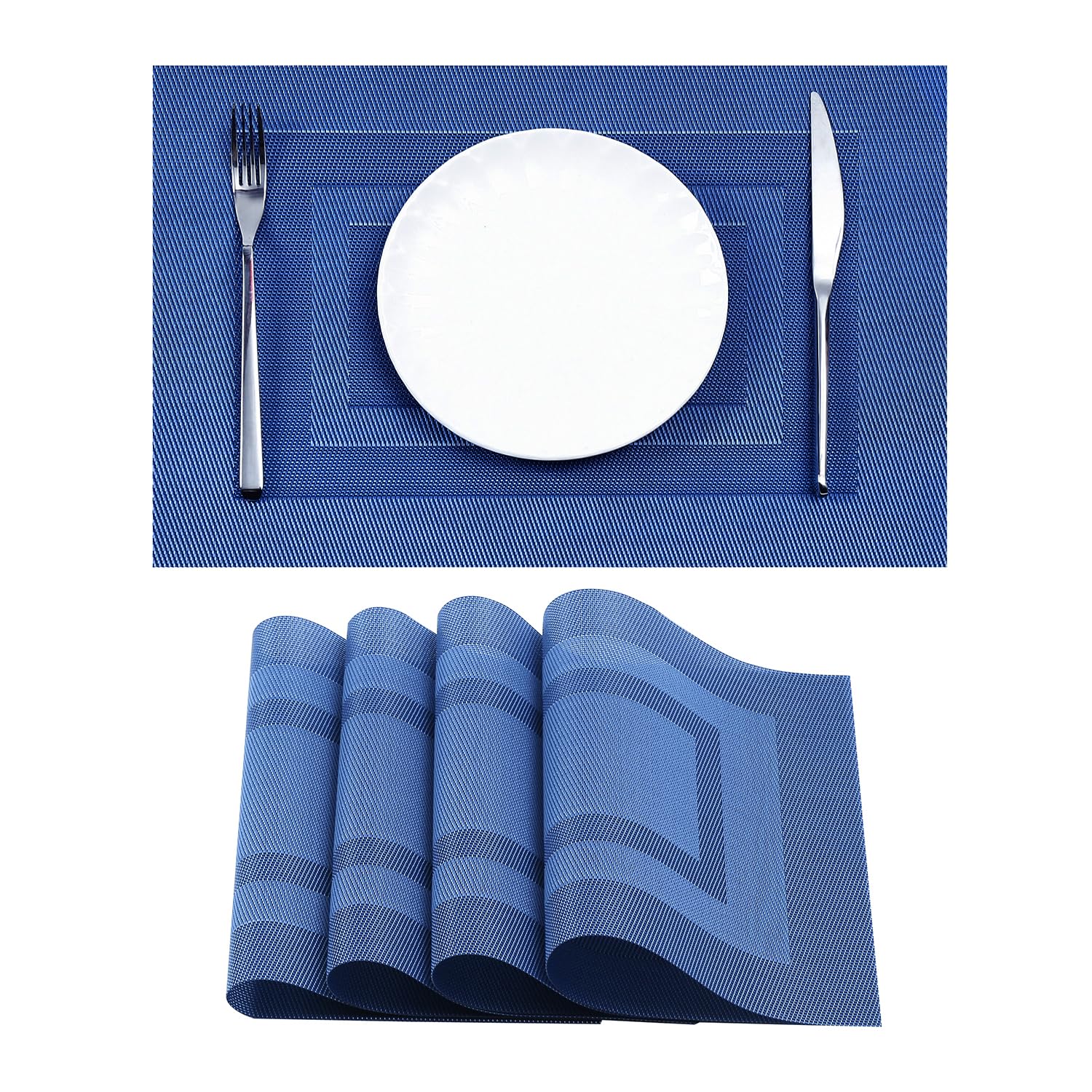 Leetaltree Blue Frame Placemats Set Of 8 - Heat Resistant Non-Slip Place Mats For Dining Table, Washable Durable Pvc Vinyl Woven