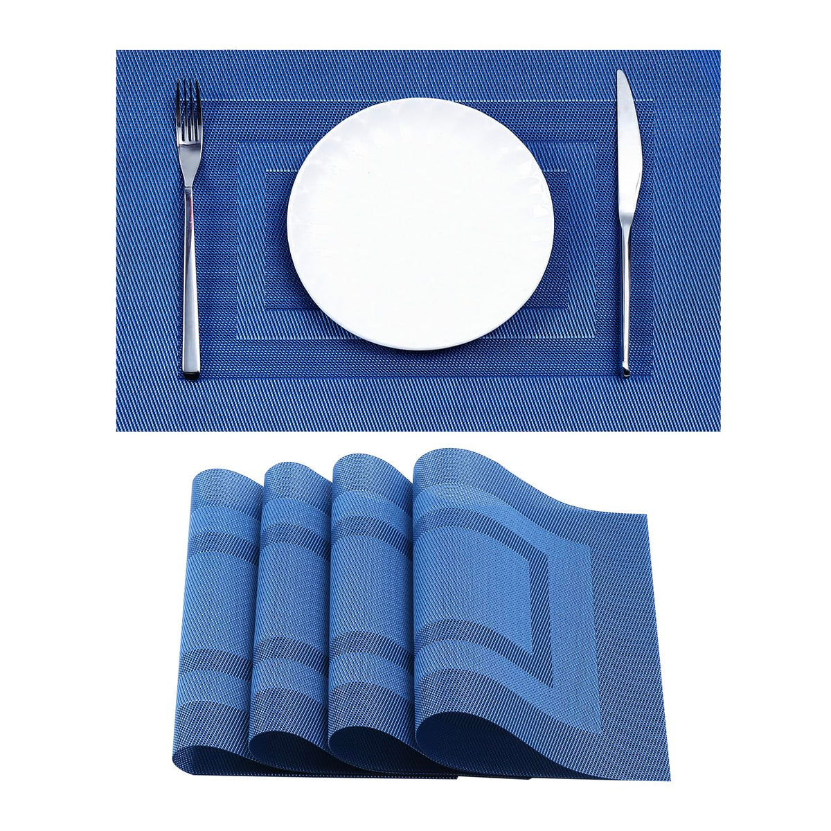 Leetaltree Blue Frame Placemats Set Of 8 - Heat Resistant Non-Slip Place Mats For Dining Table, Washable Durable Pvc Vinyl Woven