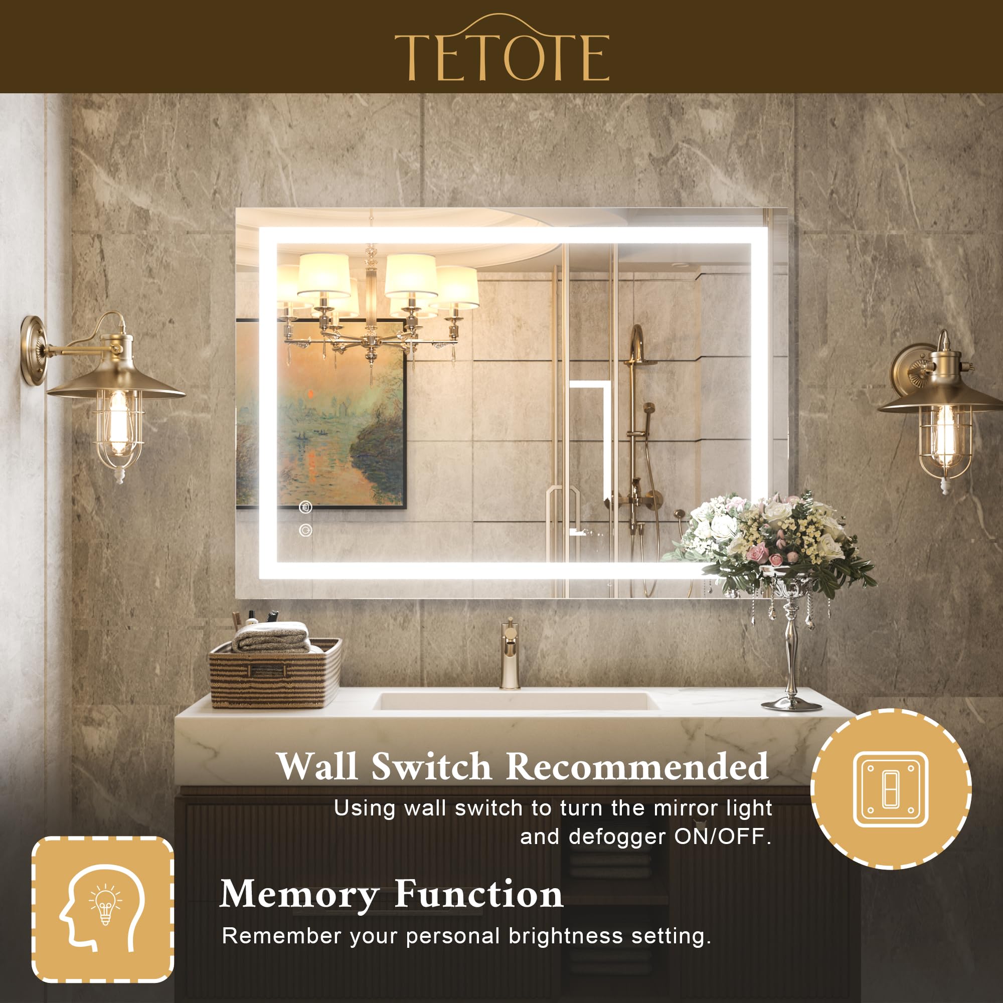 Tetote 24 X 32 Bathroom Led Mirror Vanity Lighted Mirror Home Decor With Dimmable Touch Button  Anti-Fog Function Makeup Mirror