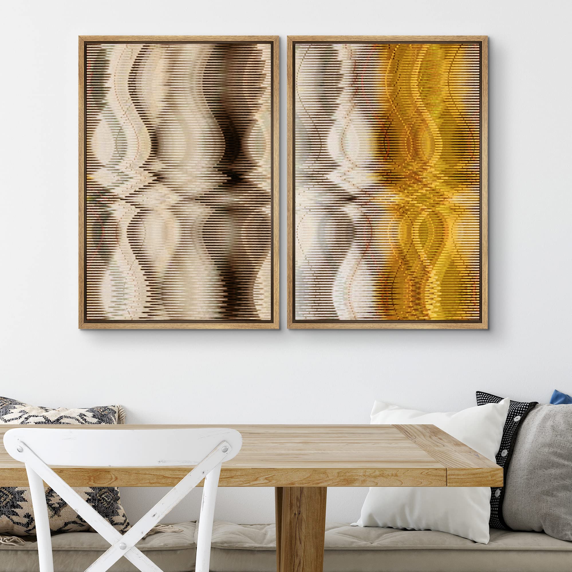 SIGNWIN Framed Canvas Print Wall Art Set Tan Gold Geometric Wave Pattern Abstract Shapes Illustrations Minimalism Decorative Bohemian Relax/Zen for Living Room  Bedroom  Office - 16''x24''x2 Natural