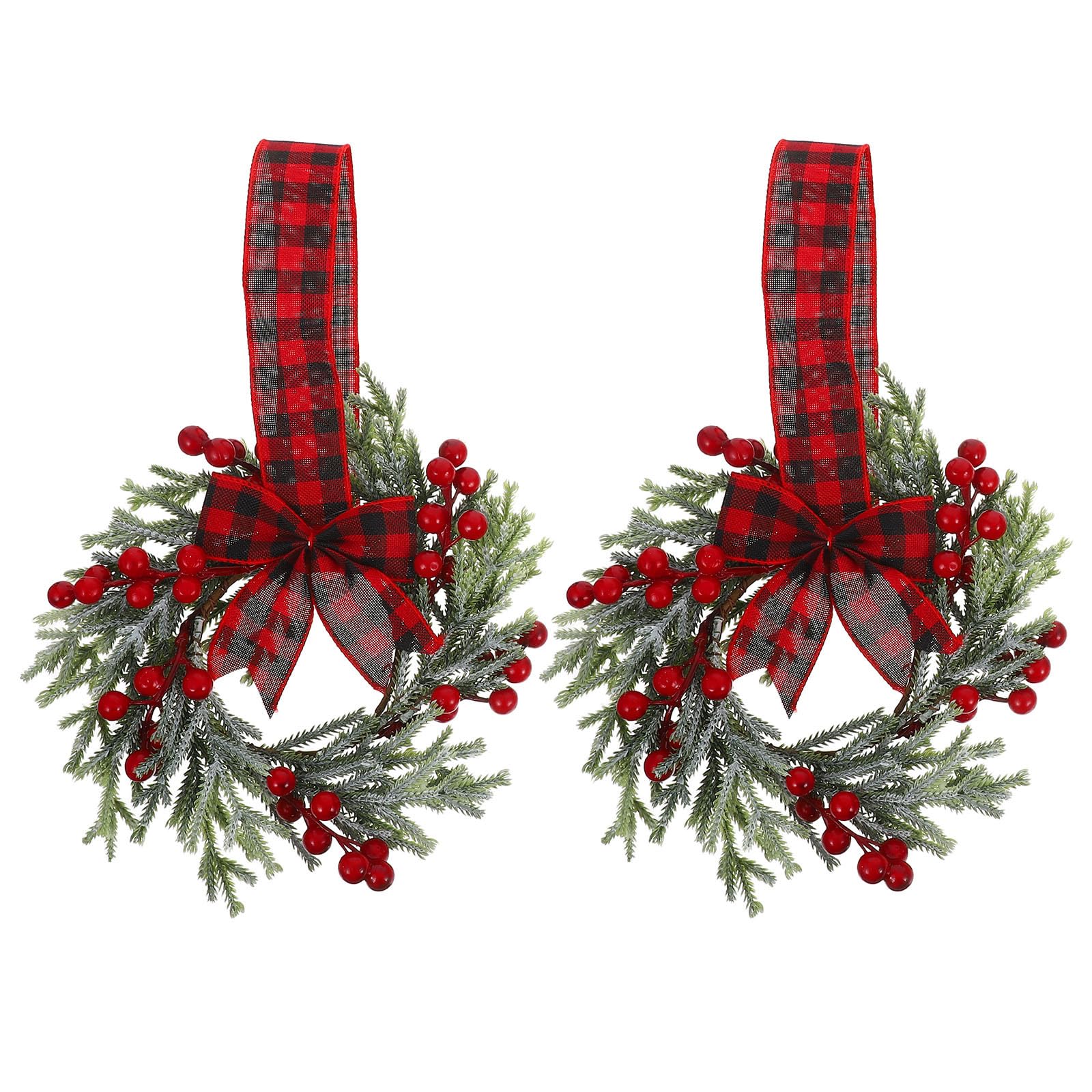 2 Pcs Christmas Small Wreaths for Kitchen Cabinets -10 Red Berry & Plaid Ribbon Bows Mini Christmas Window Wreaths Home Party Xm
