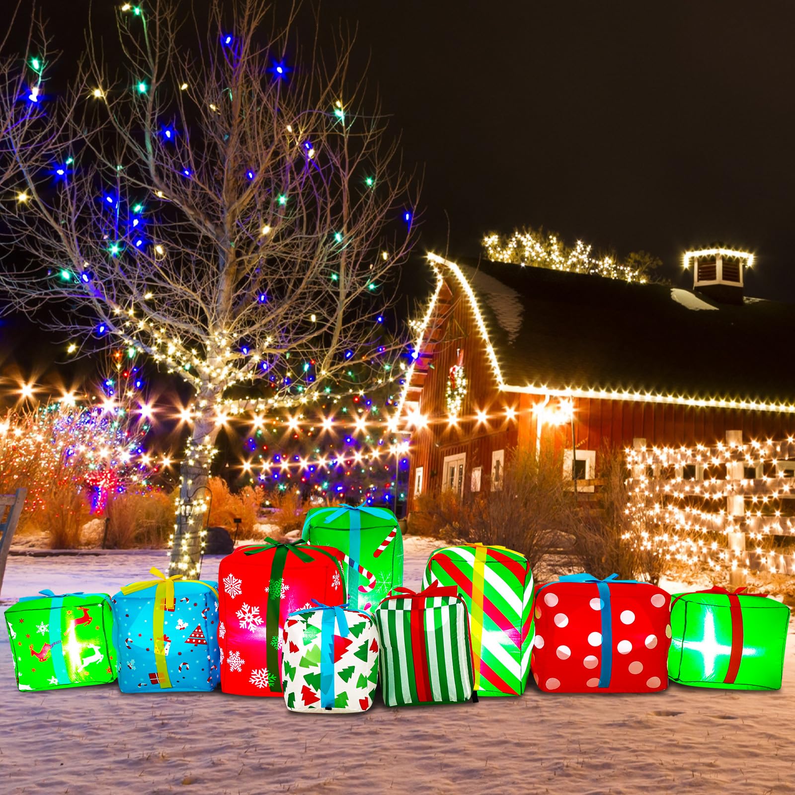 9 Foot Long Christmas Giant Inflatable Gift Boxes with 9 LED Lights Multicolor Gift Boxes Outdoor Indoor Decorations Xmas Blow u