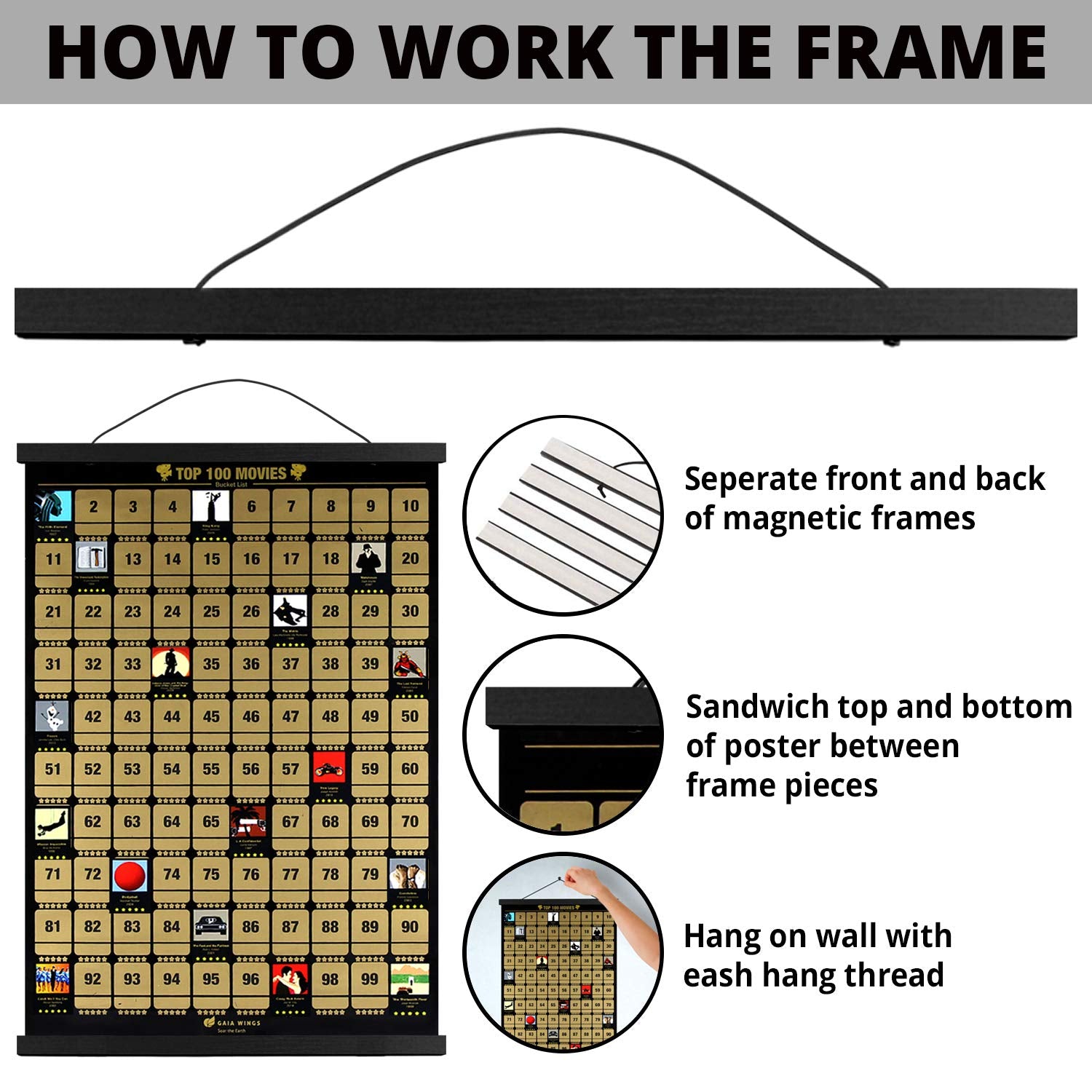 Gaia Wings 100 Movies Scratch Off Poster Includes Poster Frame 17'' Long (Black) - The Perfect Movie Room Decor, Wall Art Or Gif