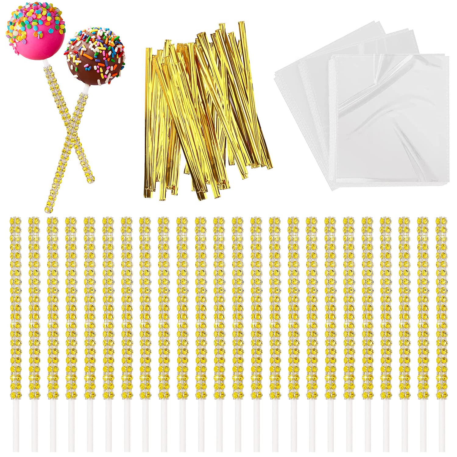24 Pack Bling Cake Pop Sticks And Wrapper Kit, Rhinestone Lollipop Making Decor Set With Twist Ties & Bags, Diamond Candy Holder