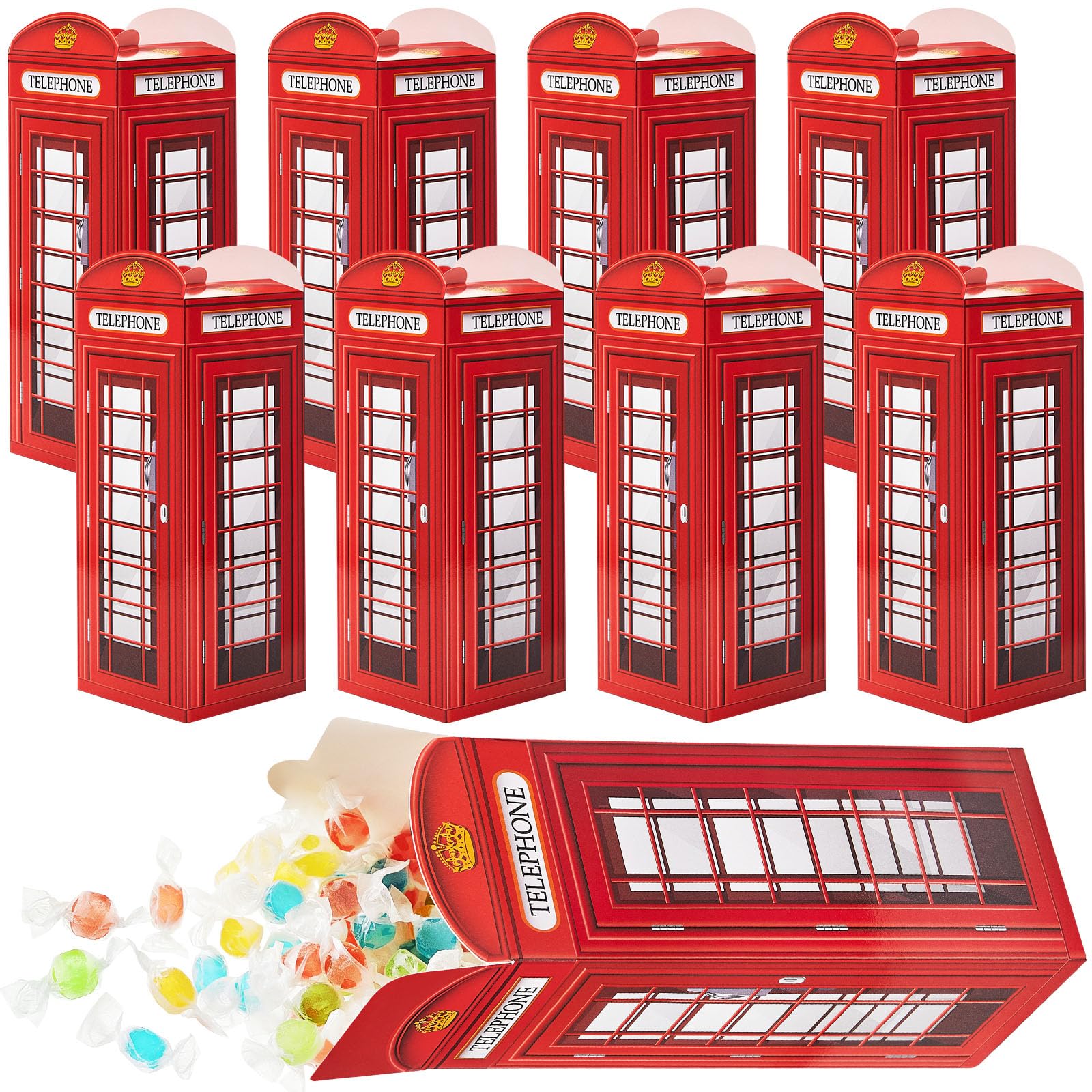 CHENGU 8 Pieces British Party Decorations London Phone Booth Box UK England Candies Boxes British International Party Favors Uni