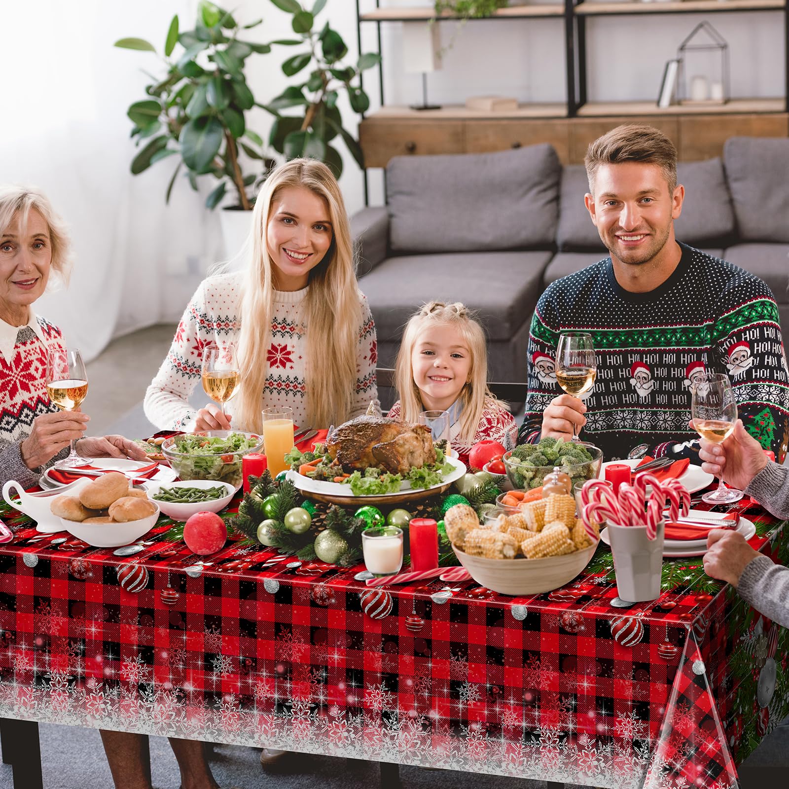 3Pcs Christmas Buffalo Plaid Snowflake Tablecloths,Plastic Red and Black Checkered Rectangle Christmas Tree Color Ball Table Cov