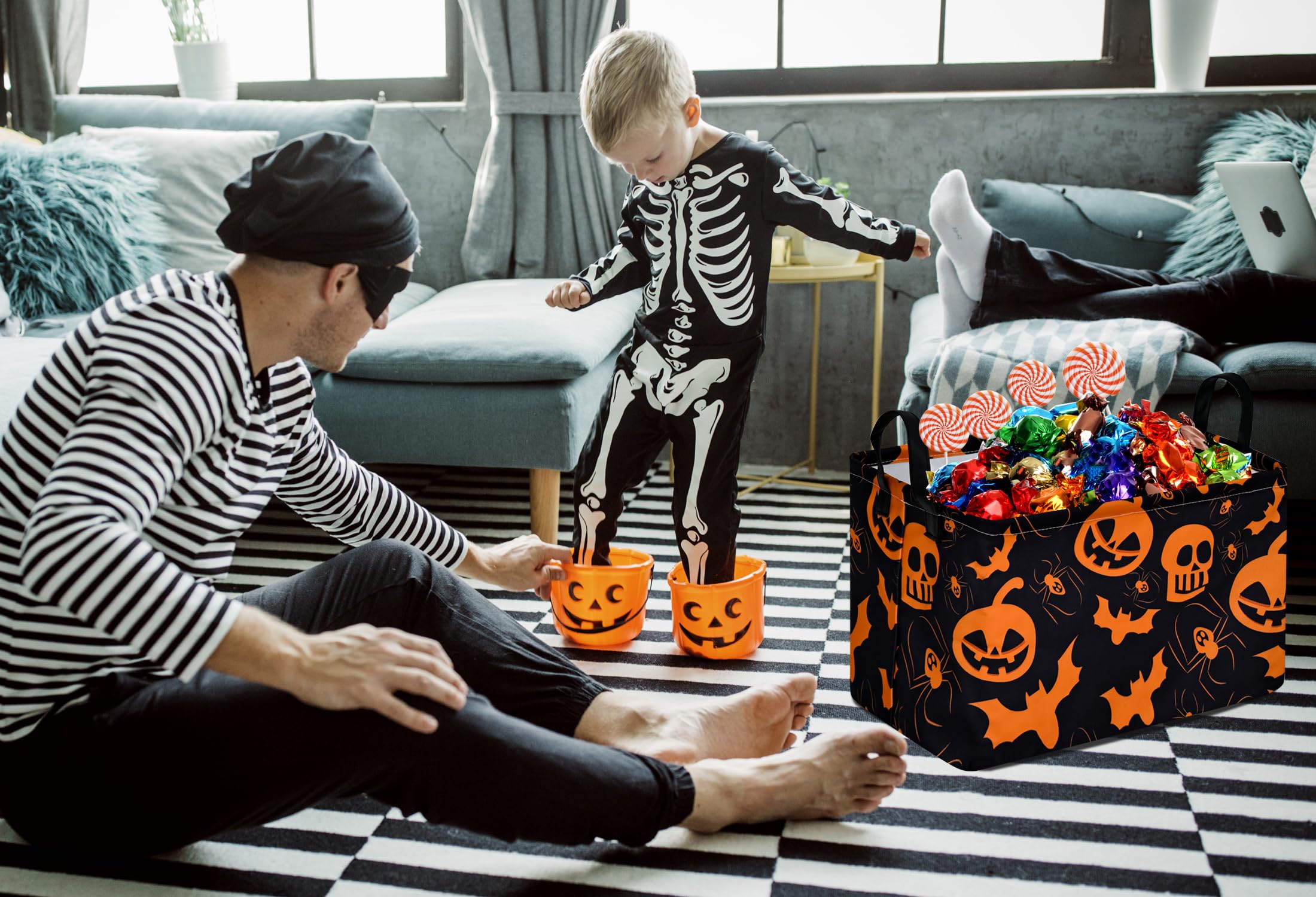 KUNRO Pumpkin Pattern Halloween Storage Gift Basket Canvas Storage Bins with Handles Rectangle Storage Cubes Organizer for Bedro