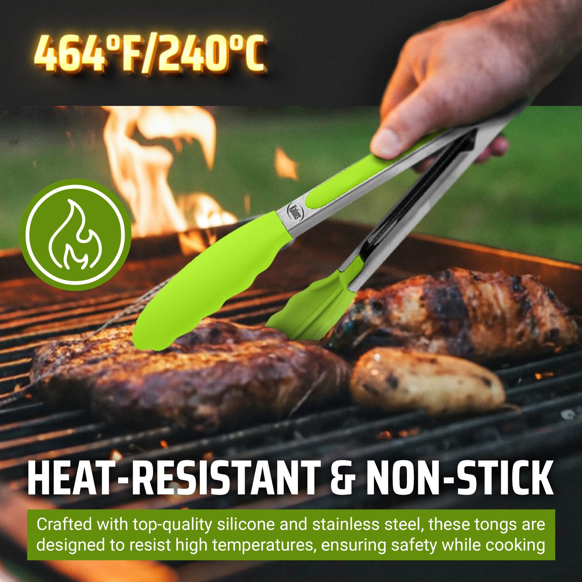 Kaluns Kitchen Tongs For Cooking Grilling Set Of 4, Bbq Grill Tongs With Silicone Tip Stainless Steel Heat Resistant, Non-Stick