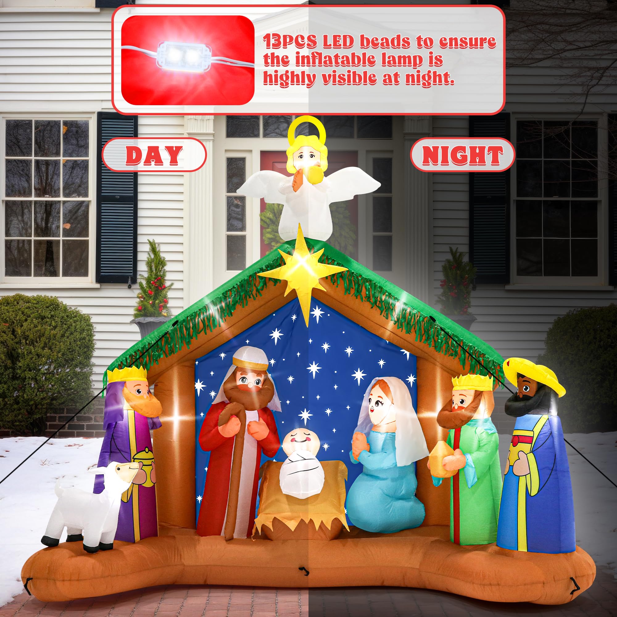 Melisheer 10FT Christmas Inflatable Nativity Scene, LED Lighted Polyester Decor for Outdoor Xmas Yard, Model Mel+blowXmas-25-5, Colorful