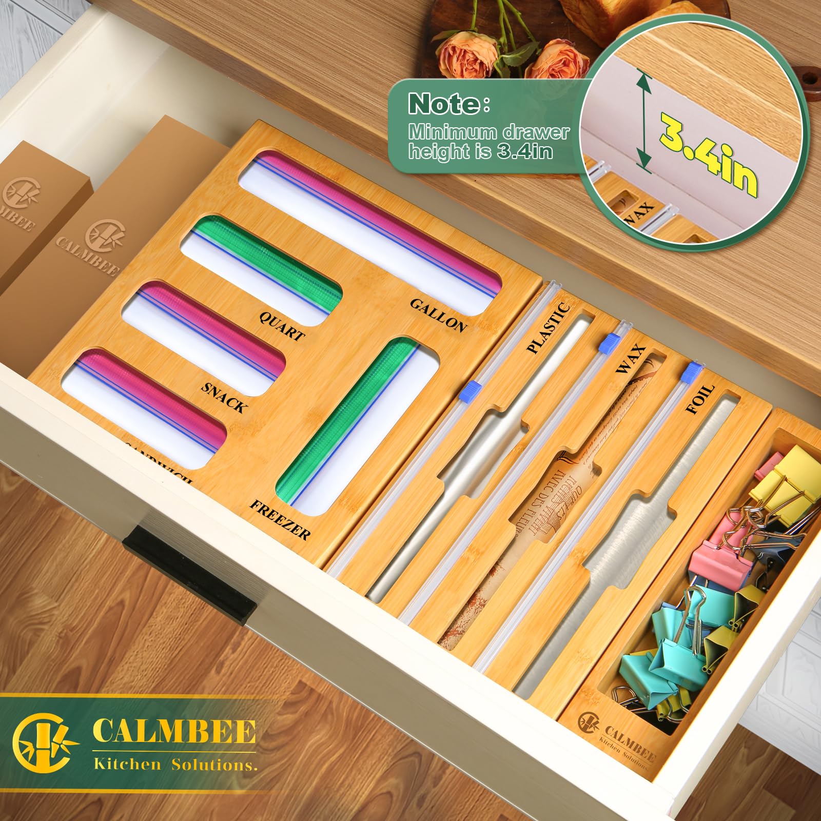 Calmbee Storage Bag Organizer, Foil And Plastic Wrap Organizer With Cutter, Kitchen Organizers And Storage Compatible With Gallo