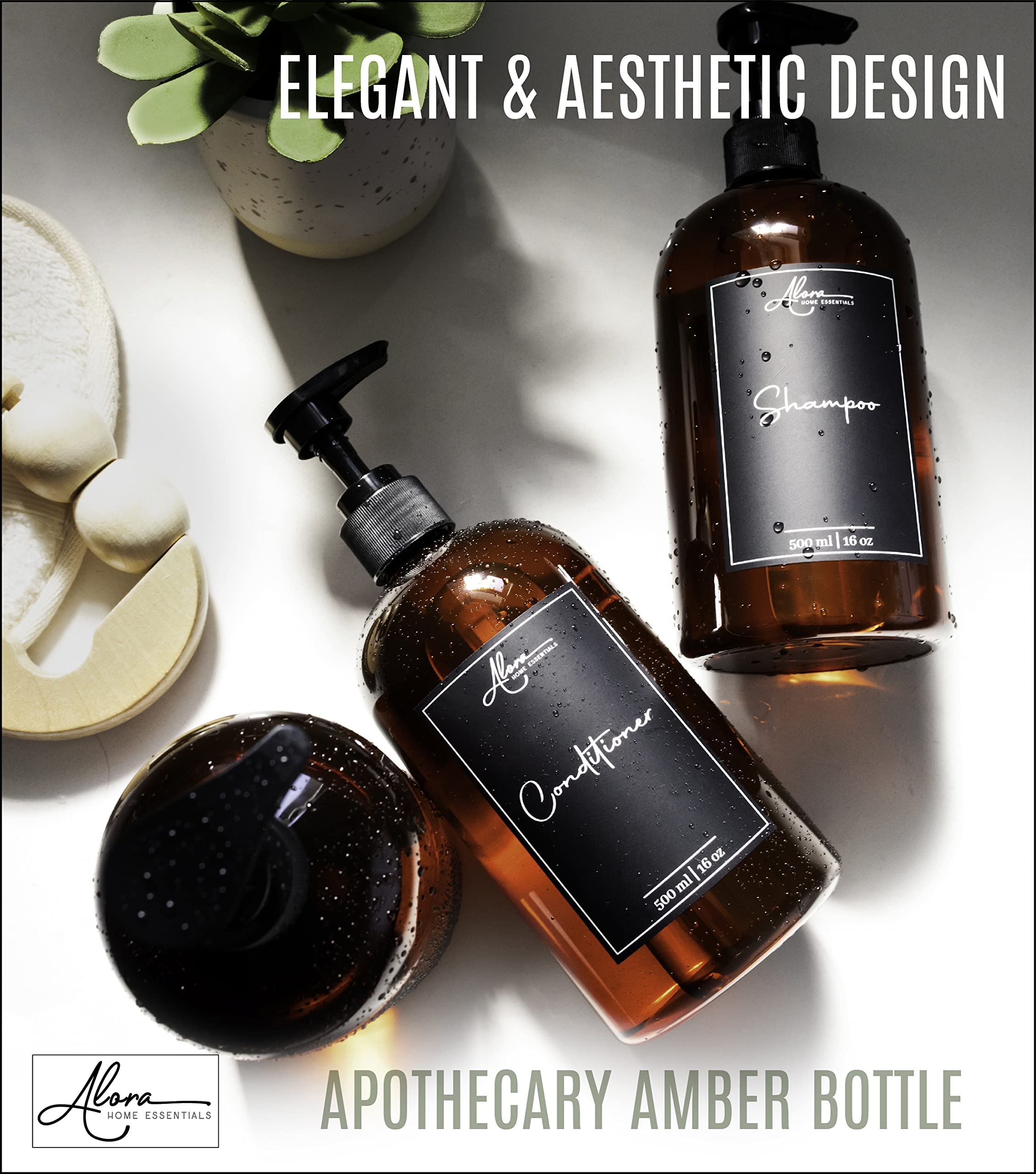 Alora 5-In-1 Apothecary Bottles For Home & Commercial Use - 16Oz Elegant 8.5X3In Refillable Amber Shampoo Storage, Handwash, Mas