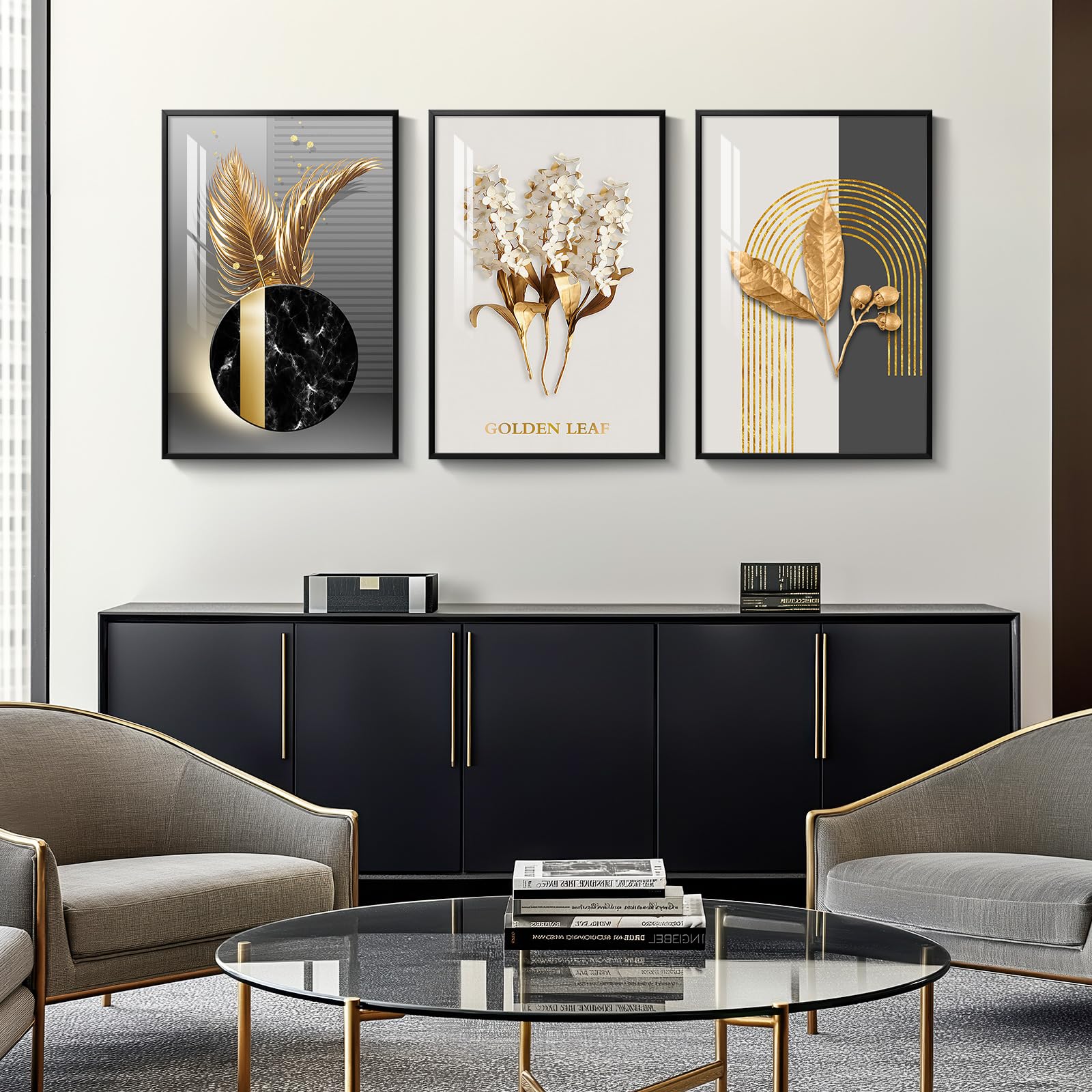 Framed Modern Luxury Large Wall Art For Living Room, Set Of 3 Piece Black White Gold Contemporary Abstract Paintings Artwork For